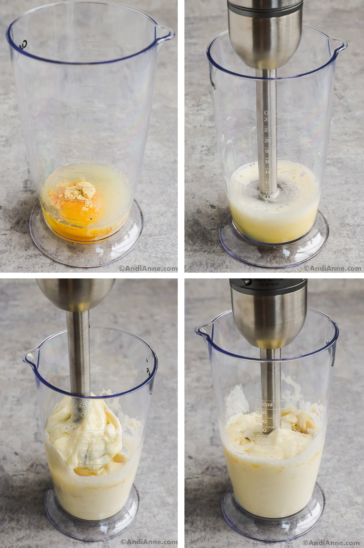 A cup with an immersion blender and oil and egg emulsifying into mayonnaise in several stages.