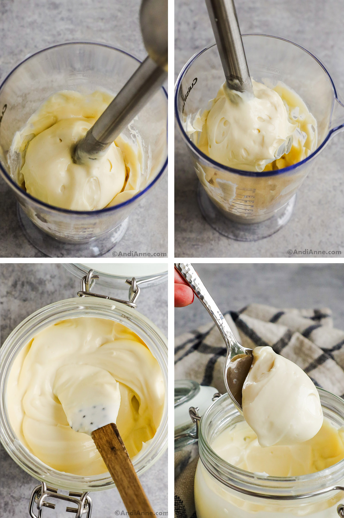 Four images, first two are a cup with immersion blender and mayonnaise in side. Third and fourth are mayonnaise in a jar with a spoon.