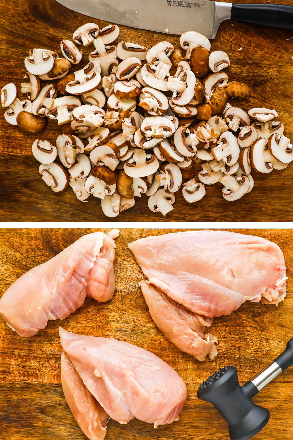 Two images. First is sliced cremini mushrooms, second is chicken breasts with meat mallet