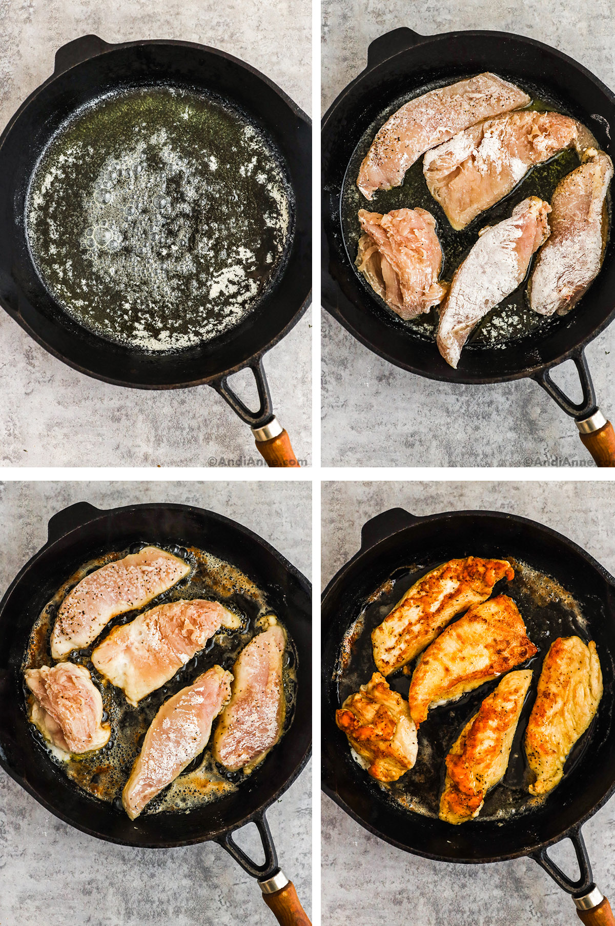 Four images, first is skillet with butter, second has raw chicken coated with flour in skillet, third is cooking chicken in skillet, fourth is crispy cooked chicken in skillet