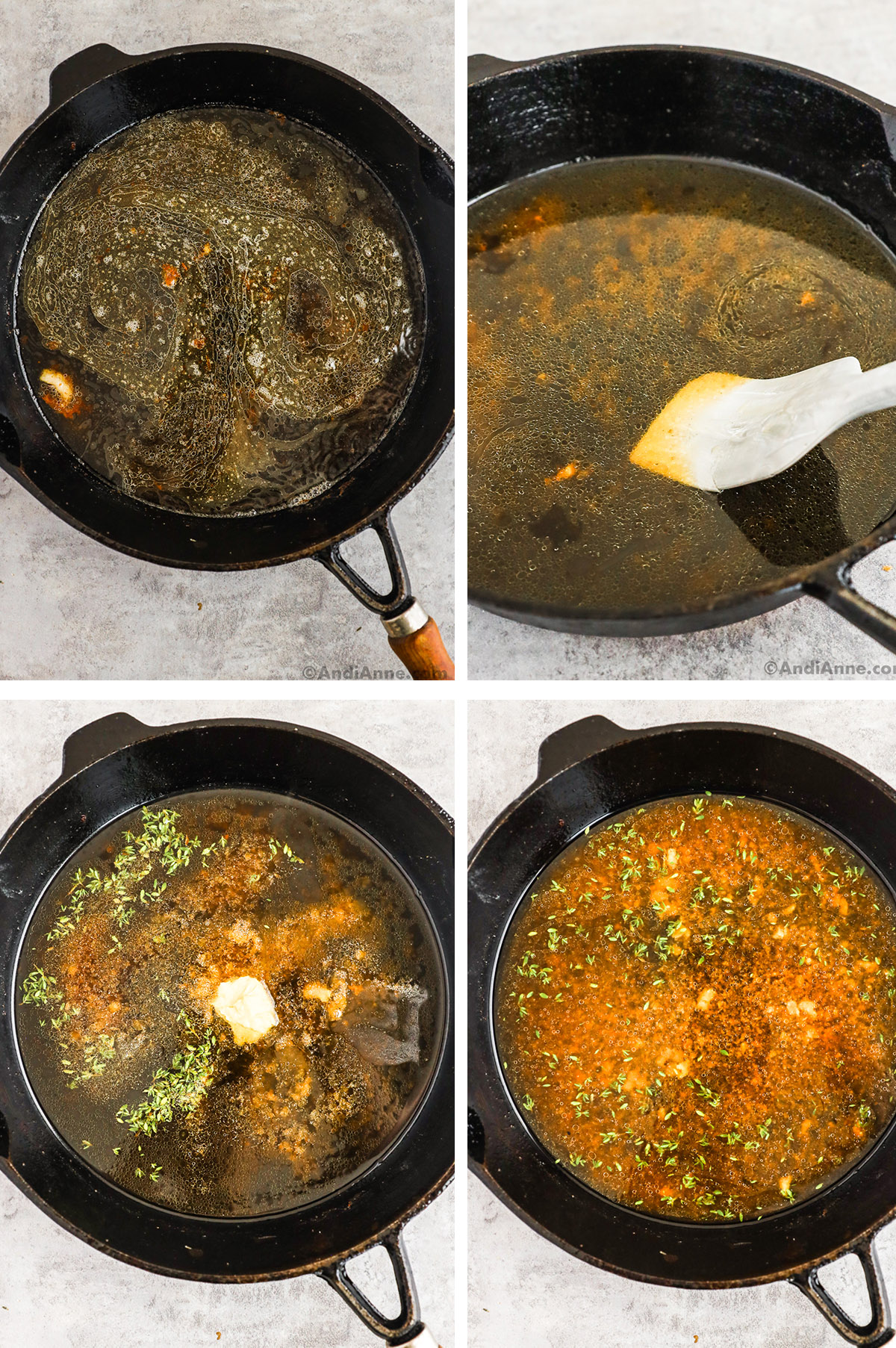 Four images, first and second are liquid in a frying pan with a spatula. Third and flourth are herbs added to liquid in frying pan first unmixed then mixed