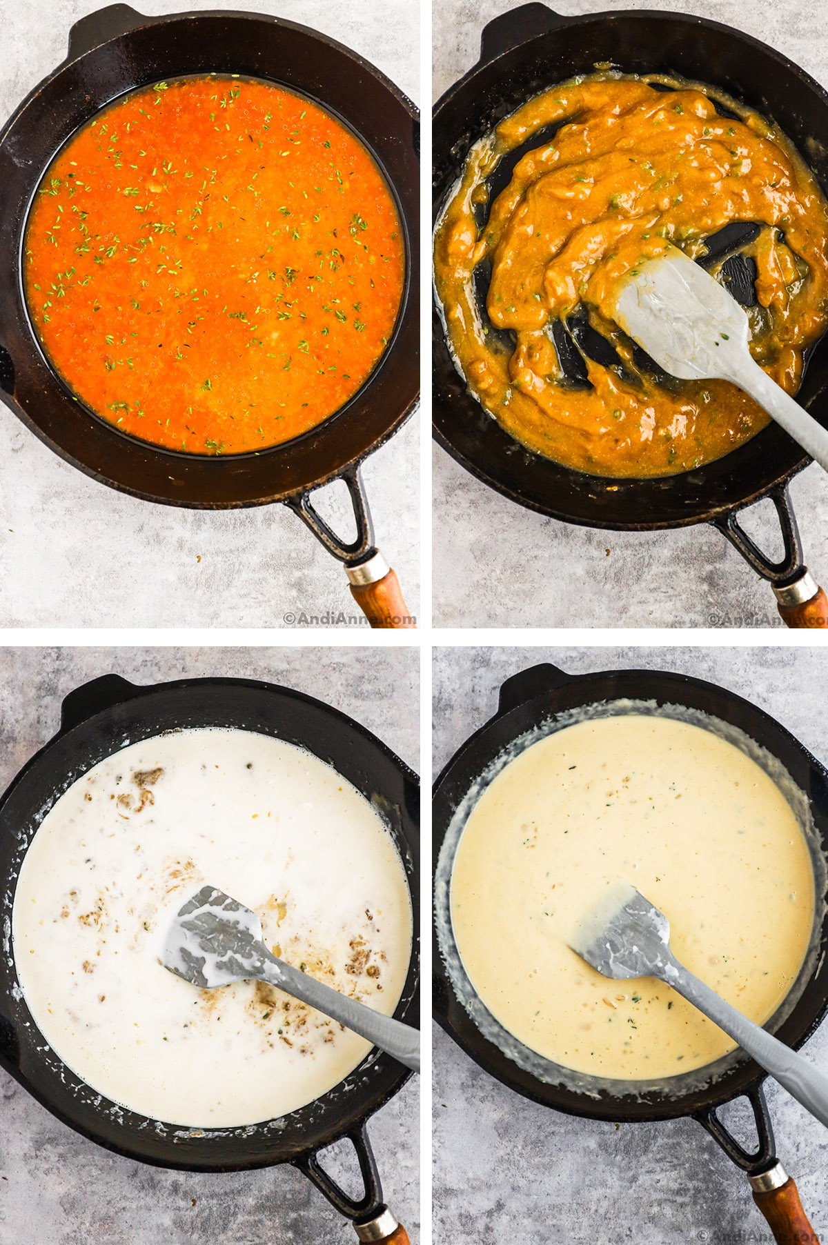 Four images, first is brown liquid in frying pan, second is thickened liquid in pan, third is milk poured on top, fourth is creamy thickened sauce in pan.