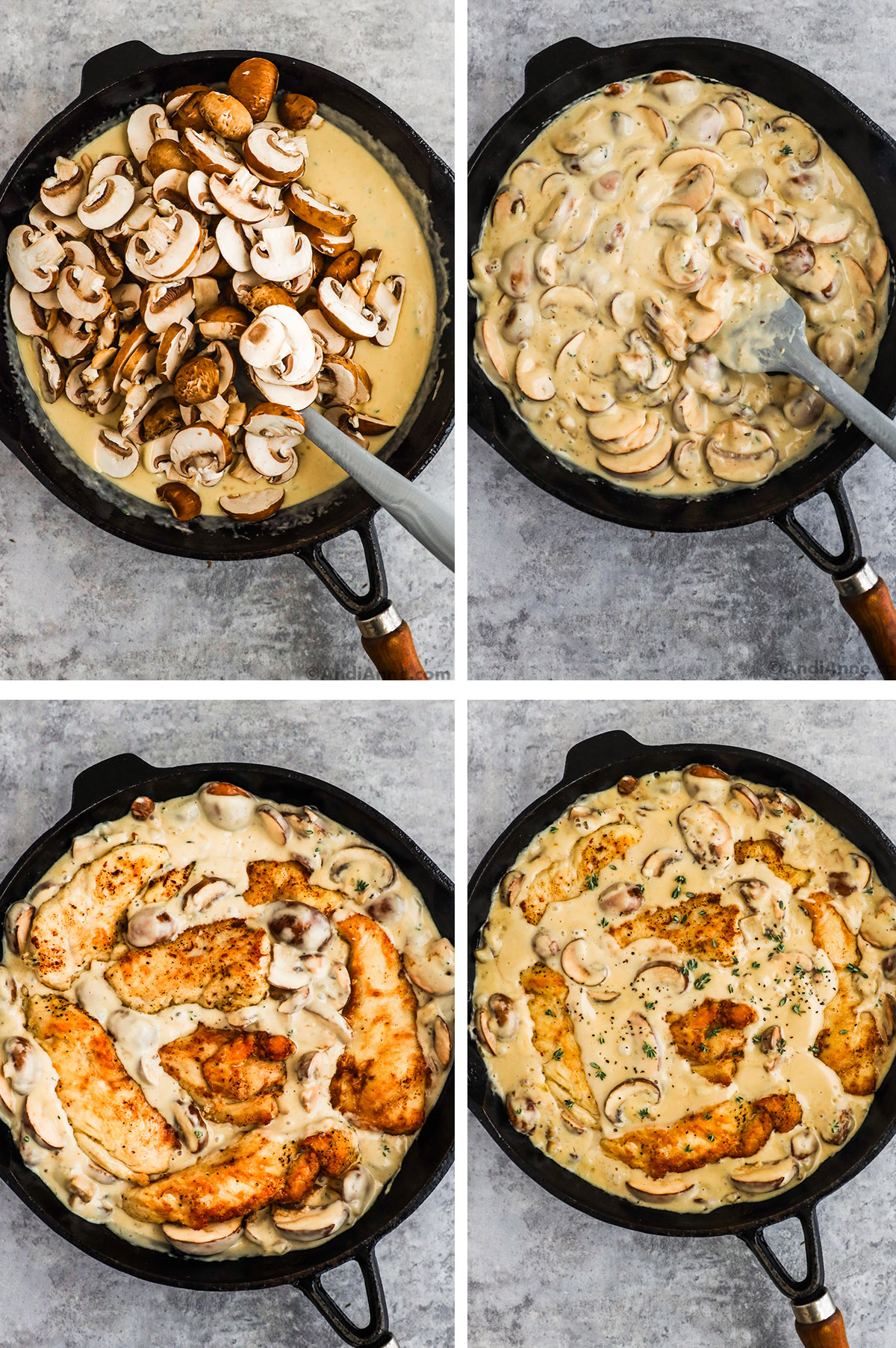 Four images, first is sliced mushrooms on top of creamy liquid. Second is sliced mushrooms mixed with liquid. Third is chicken added to sauce, fourth is chicken mixed in.