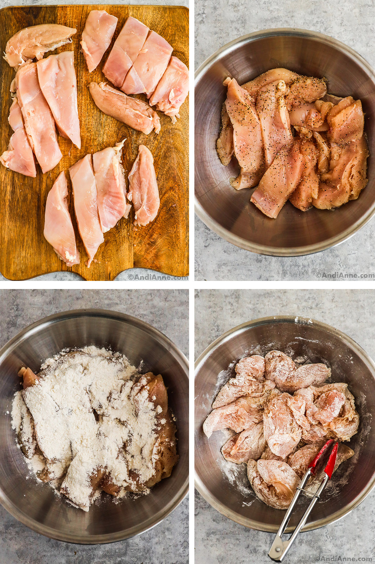 Four images, first is sliced raw chicken, second is raw chicken in bowl, third is flour dumped over raw chicken in bowl, fourth is raw chicken tossed with flour in the bowl