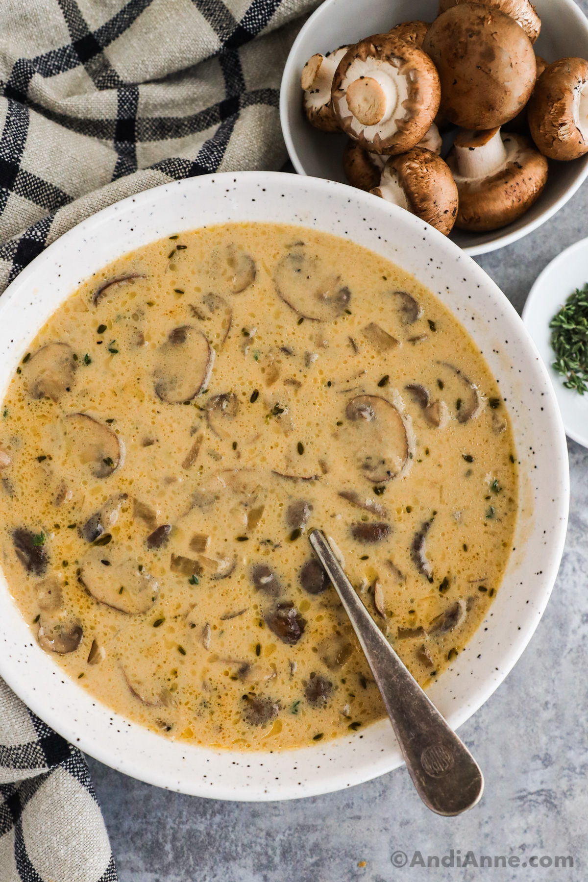 Bowl of creamy mushroom soup with a spoon.