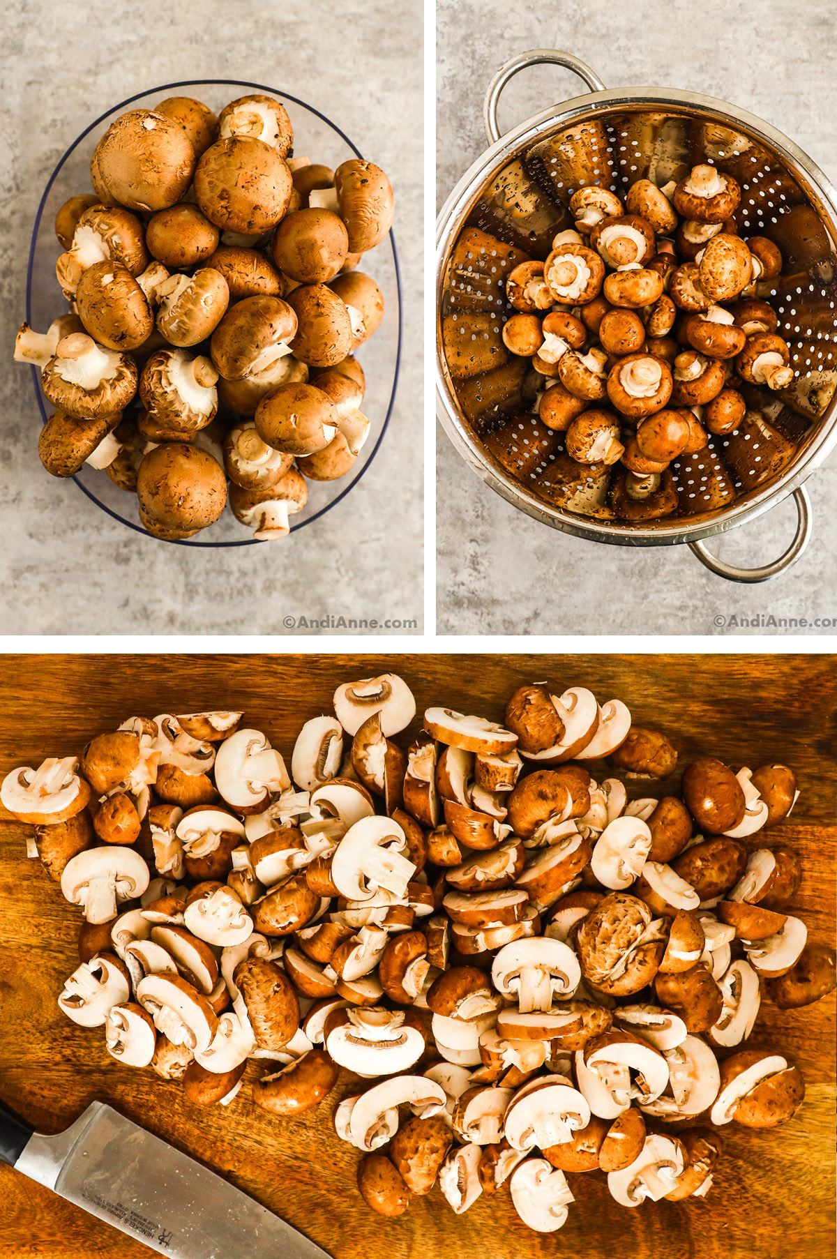 Three images of cremini mushrooms, first is mushrooms in a clear container, second mushrooms in a strainer, third is chopped mushrooms on cutting board