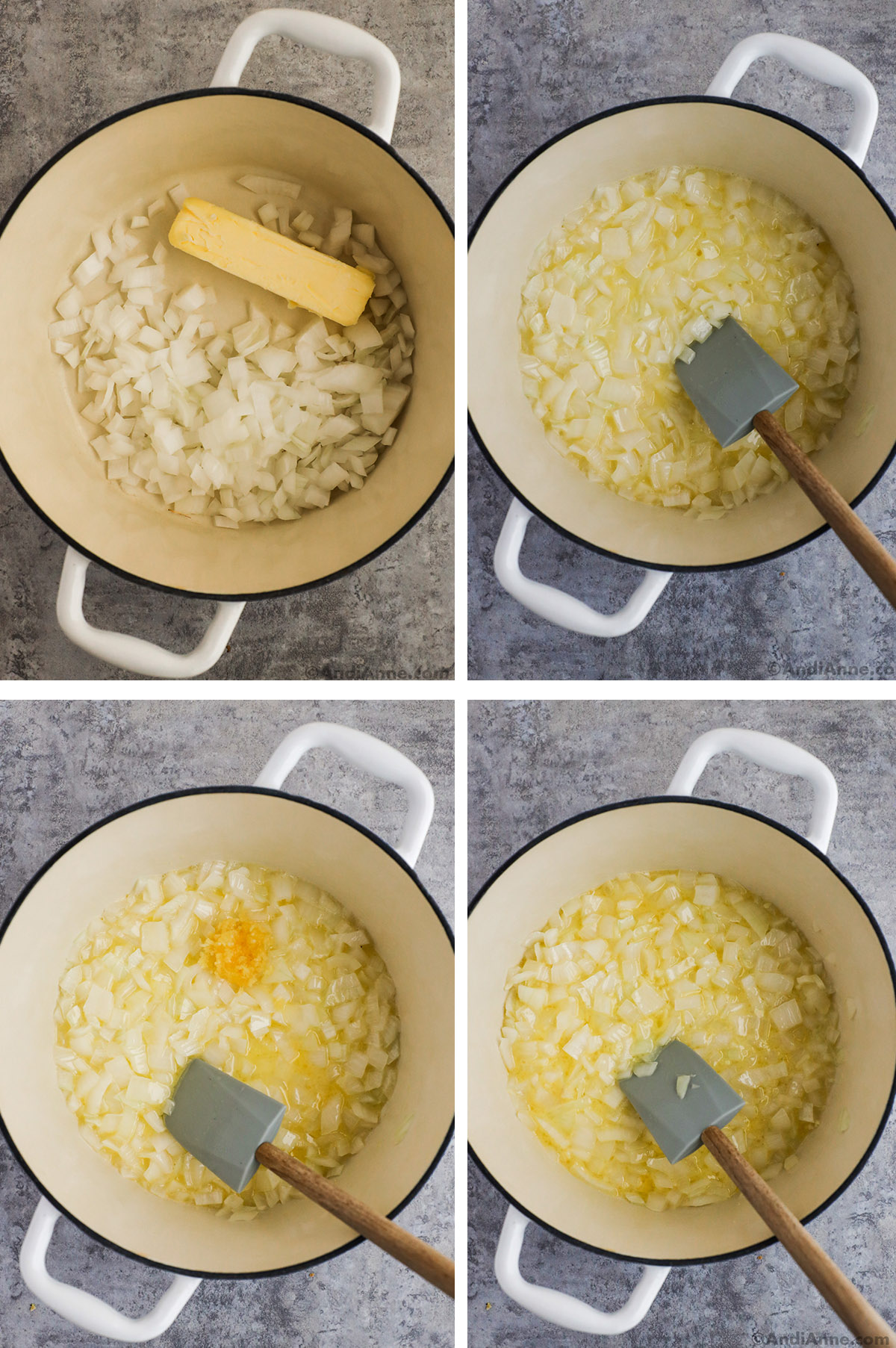 Four images of a white pot. First is chopped onion with stick of butter, second melted and cooked onion. Third minced garlic dumped in, fourth mixed in garlic with onion