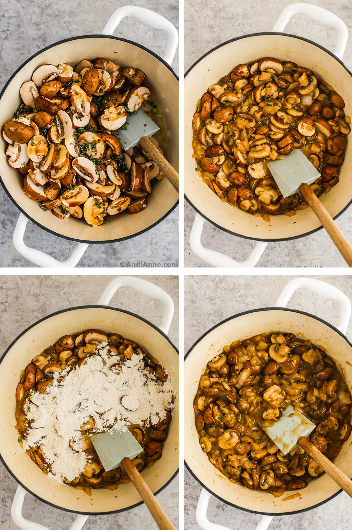 Four images of a what pot. First is sliced mushrooms and thyme dumped into pot. Second is cooked mushrooms in pot. Third is flour sprinkled over cooked mushrooms. Fourth is thickened sauce with mushrooms. 