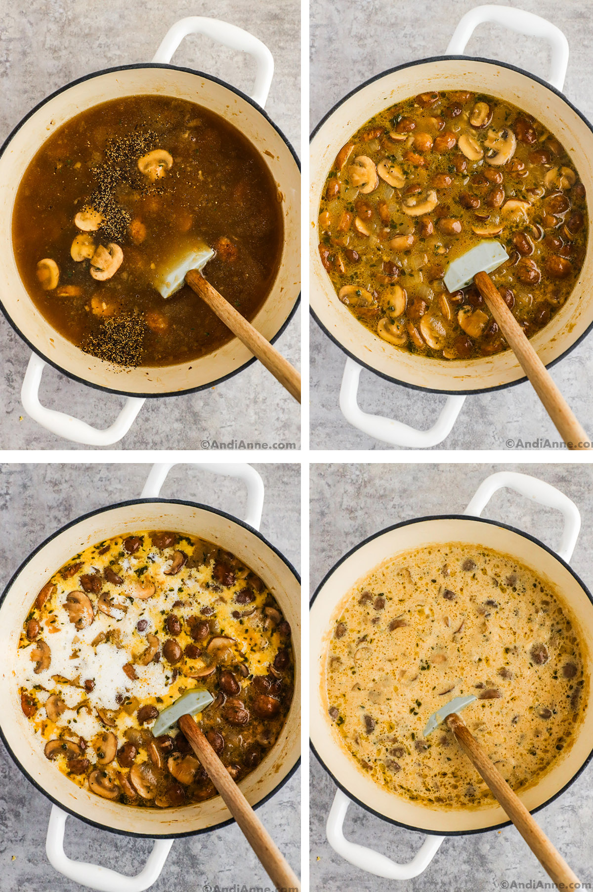 Four images. First is broth and salt and pepper poured into pot of cooked mushrooms. Second is cooked mushrooms in a soup. Third is cream poured into pot. Fourth is creamy mushroom soup in pot.