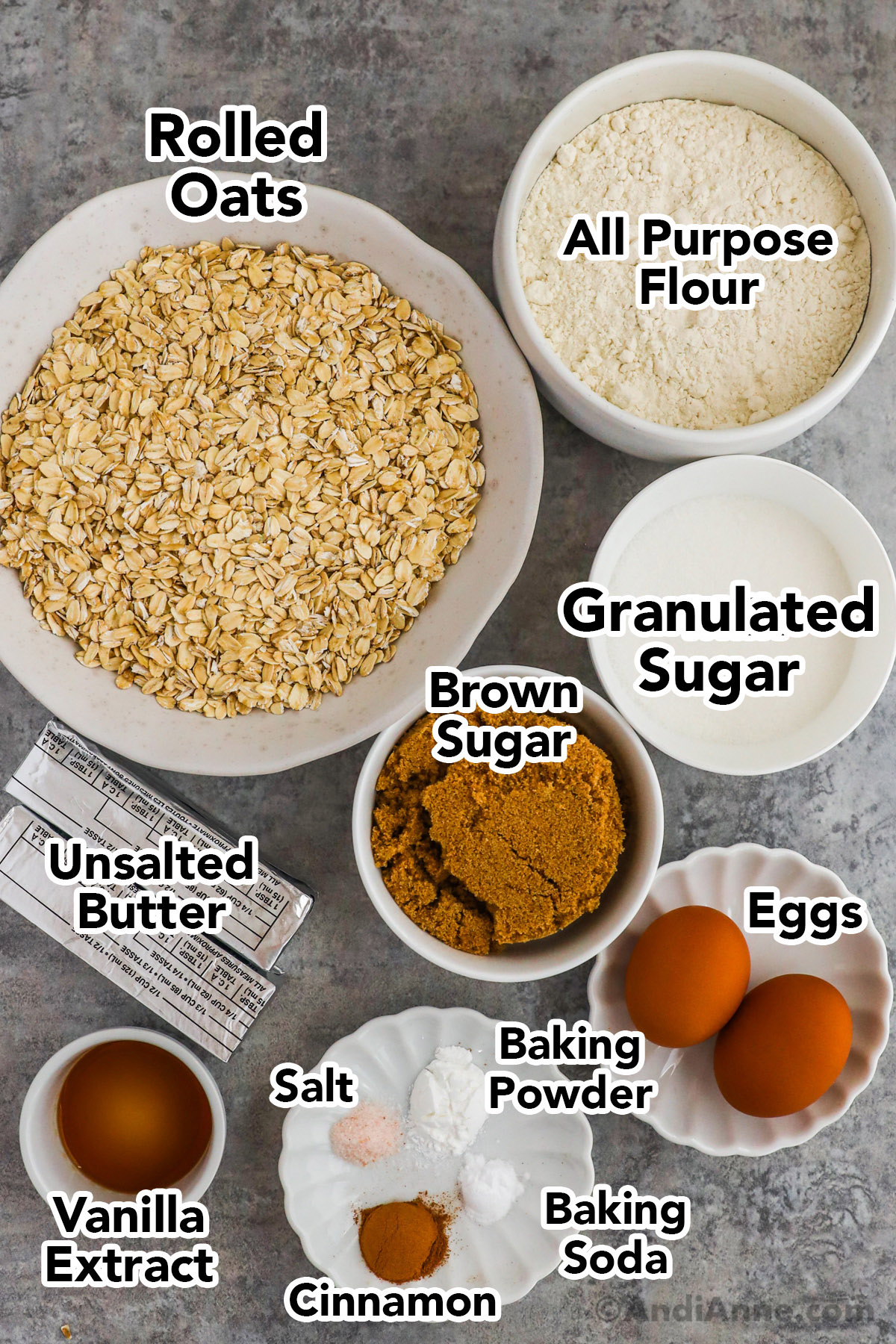 Recipe ingredients in bowls with text written beside it