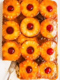 Pineapple upside down cake with a fork