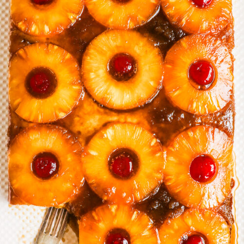 Pineapple upside down cake with a fork