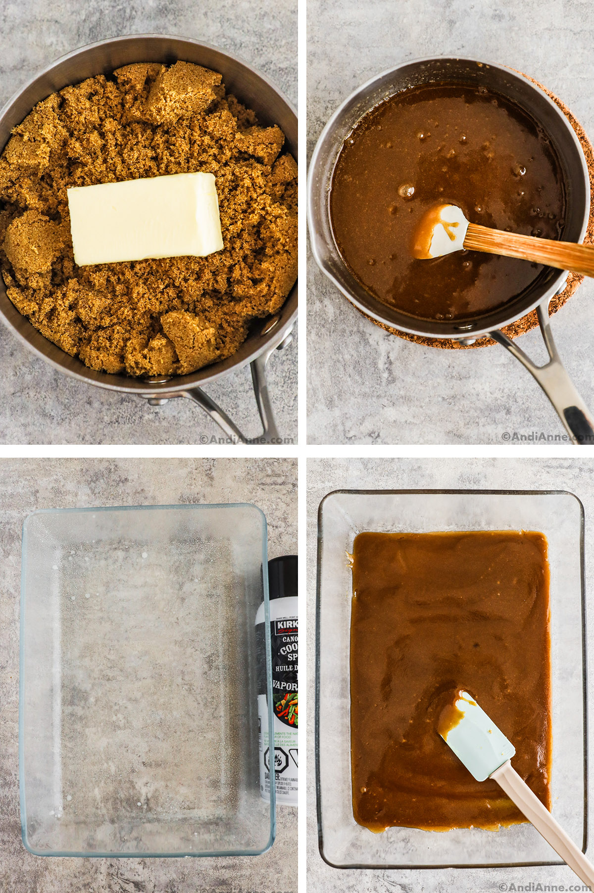 Four images grouped together. First two are a saucepan with brown sugar and butter unmixed then mixed to a caramel sauce. Last two are glass 9x13 baking dish, first greased, second with caramel sauce poured in and a spatula.