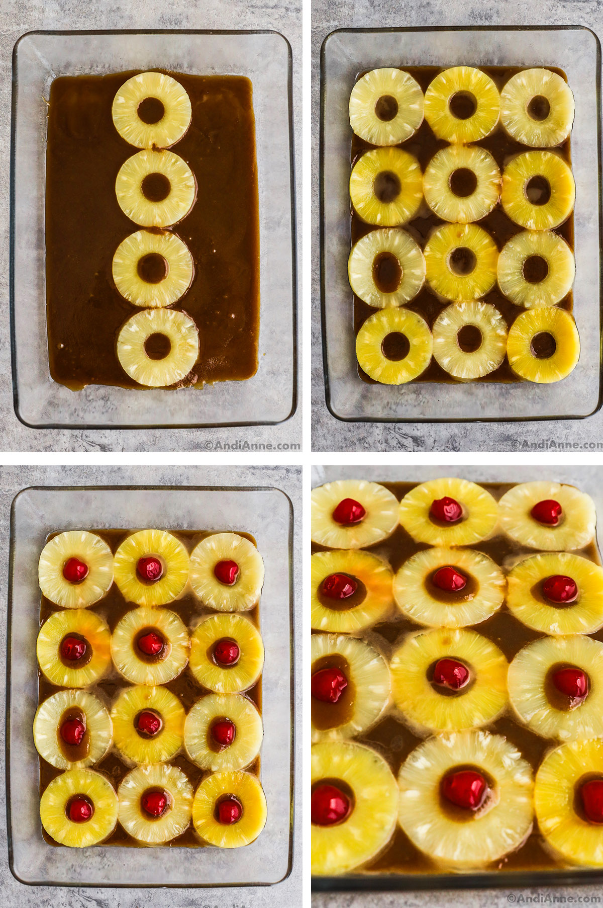 Four images grouped together. First is caramel sauce and sliced pineapple in center, second is sliced pineapples spread evenly over sauce, third and fourth have cherries in the center of each pineapple over the caramel sauce.