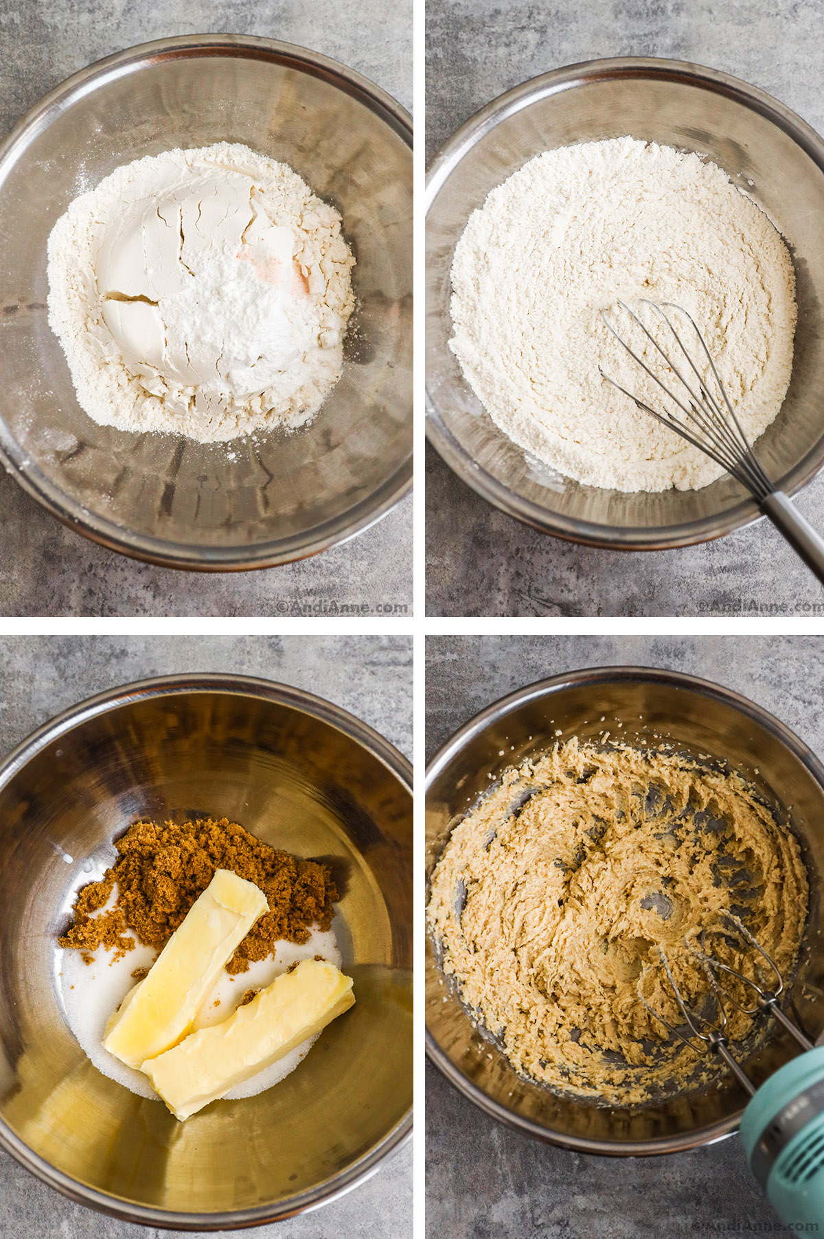 Four images of a large bowl. First two with dry ingredients unmixed and then mixed. Last two with brown sugar, white sugar and butter unmixed, then creamed with a hand mixer.