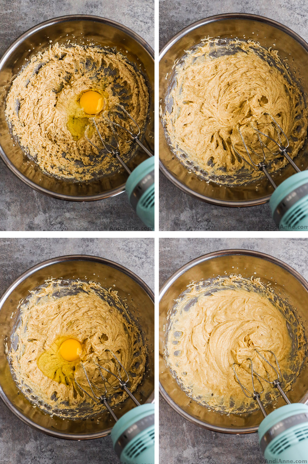 Four images grouped of a bowl with hand mixer and creamed butter an sugar. An egg is dumped in then mixed. Then a second egg is dumped in then mixed in.