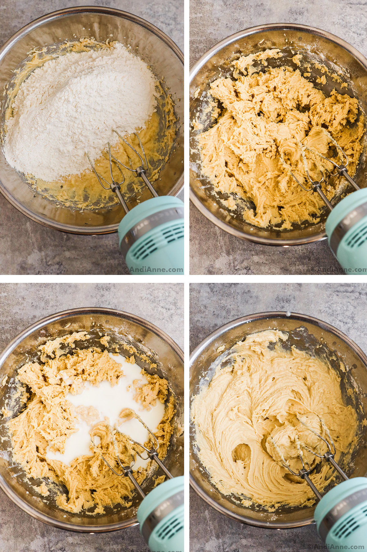 Four images of a bowl with hand mixer. First has dry ingredients dumped over wet ingredients. Second is batter forming in bowl with hand mixer. Third milk is poured in. Fourth is creamy batter mixture.