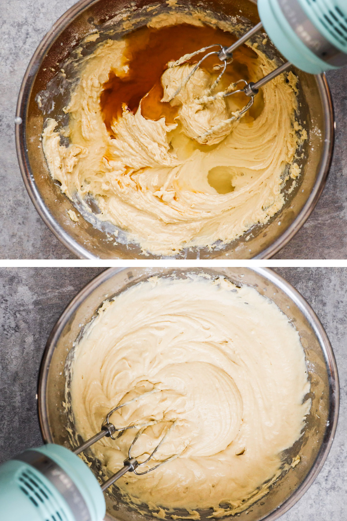 Two images grouped together. First has pineapple juice and vanilla extract dumped over batter. Second is batter mixed together.