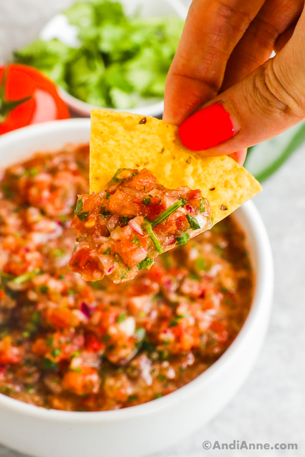 Tortilla chip scooping salsa.