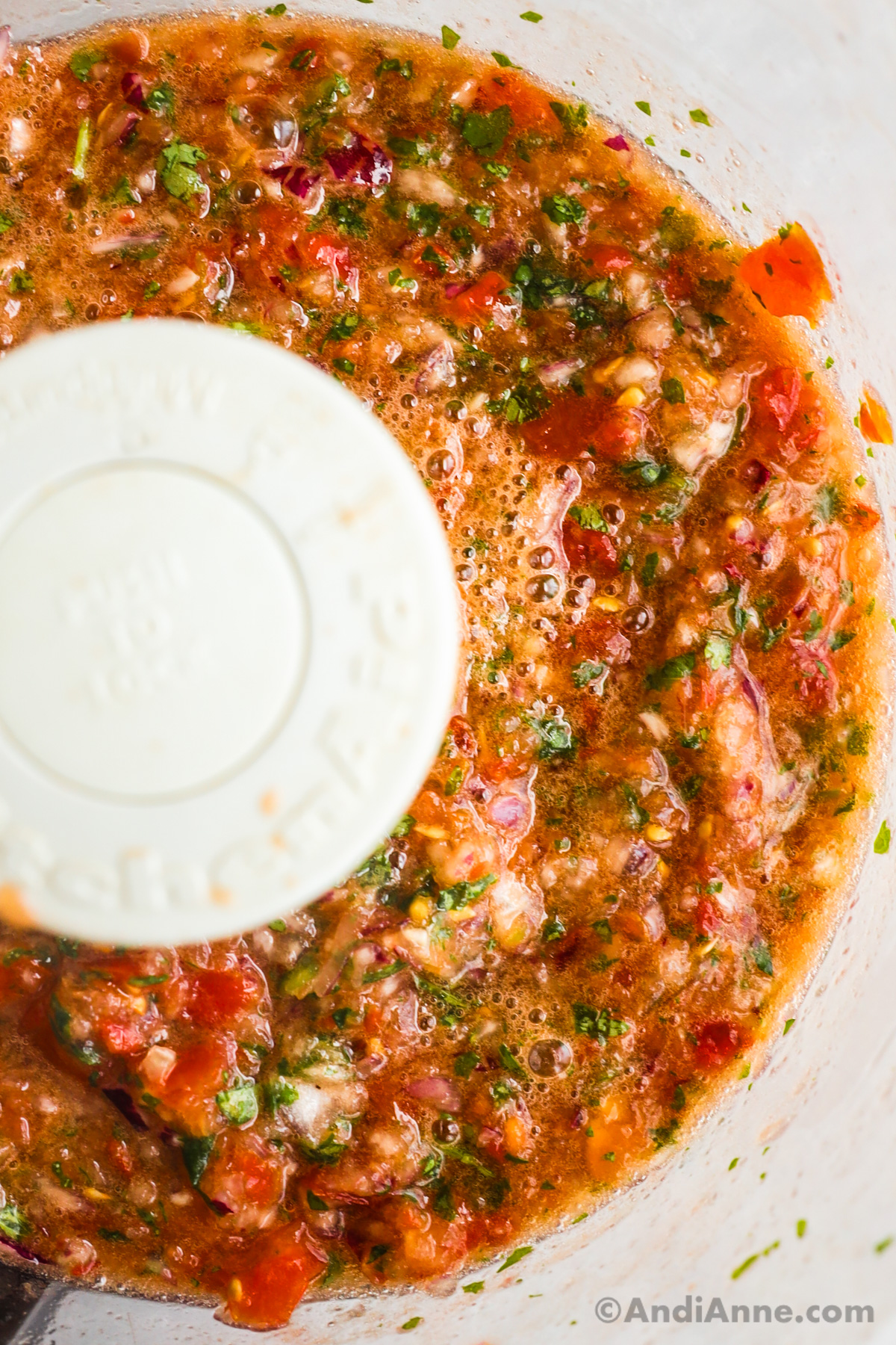 Close up of salsa in a food processor