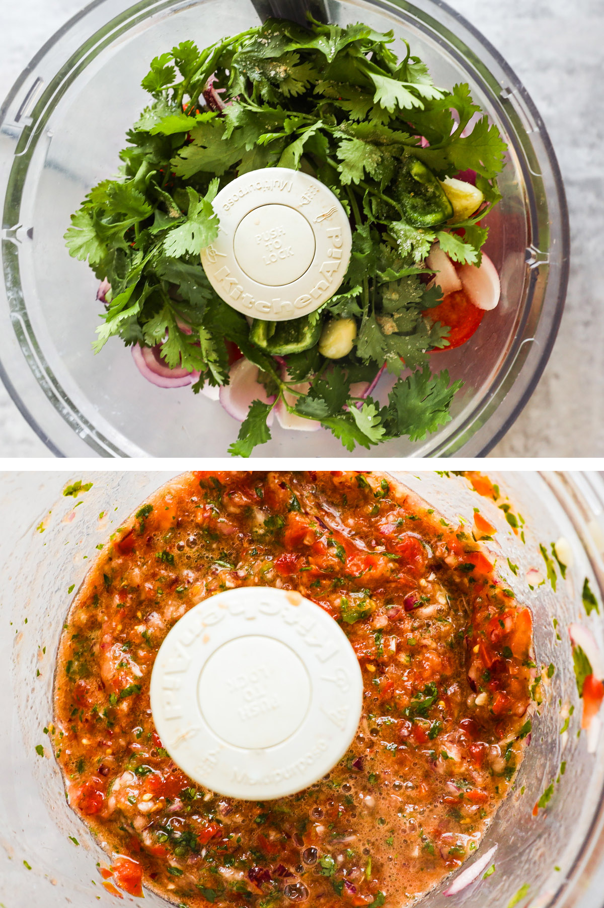 Before and after of a food processor container with fresh ingredients dumped in to make the salsa. 