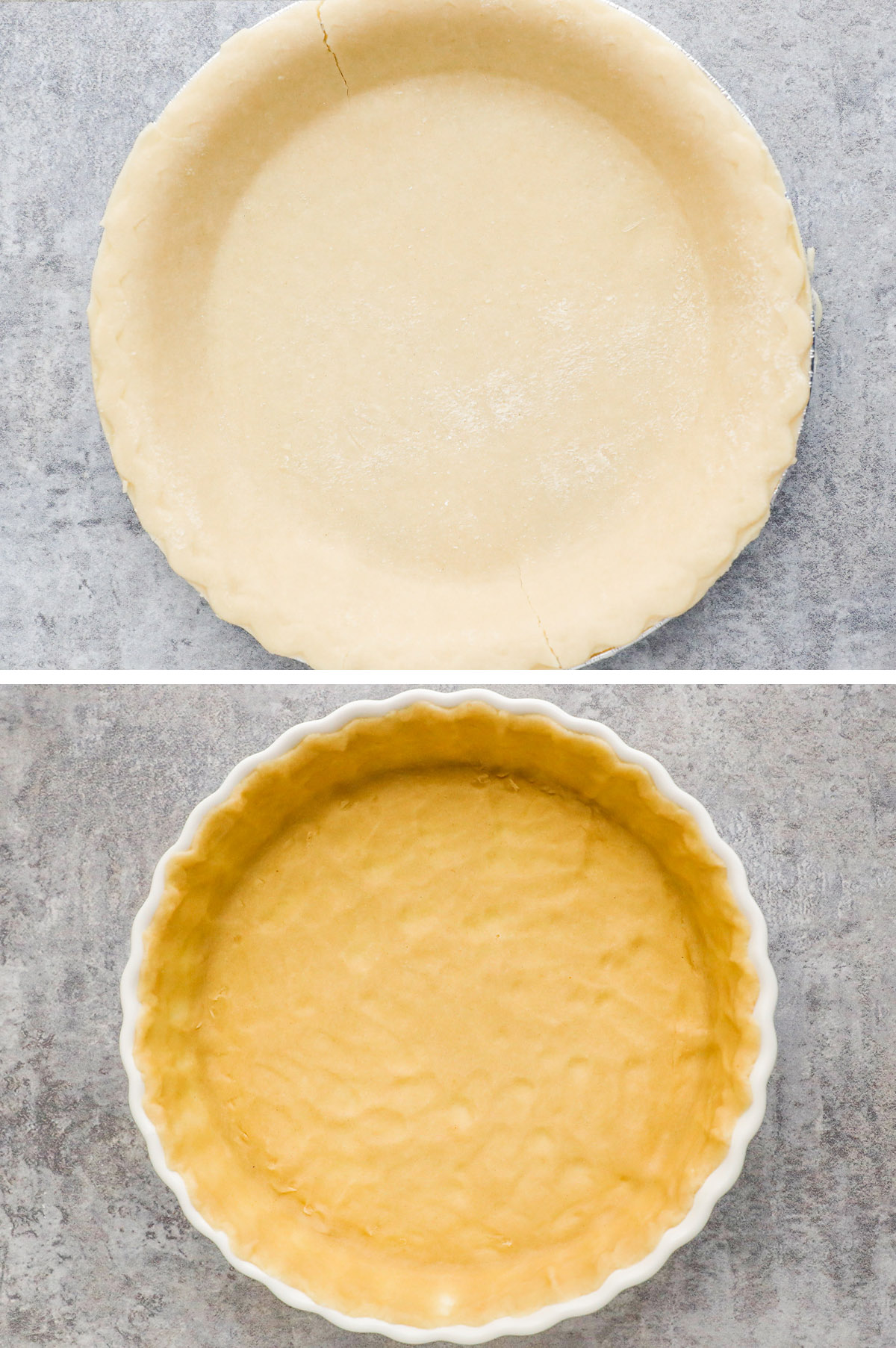 A frozen pie crust in a tin pan, then a pie crust pressed into a quiche dish.