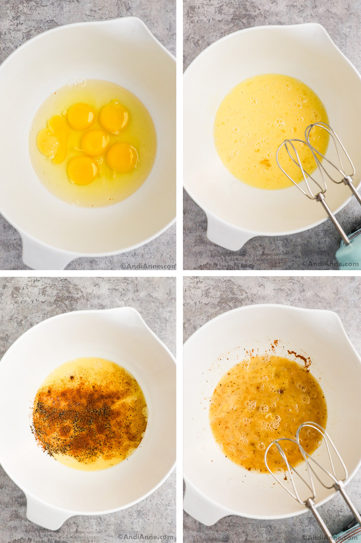 Four images of a white bowl. First is raw eggs, second is beaten eggs with a hand mixer, third is spices dumped over eggs, fourth is spices beaten into eggs with a hand mixer.