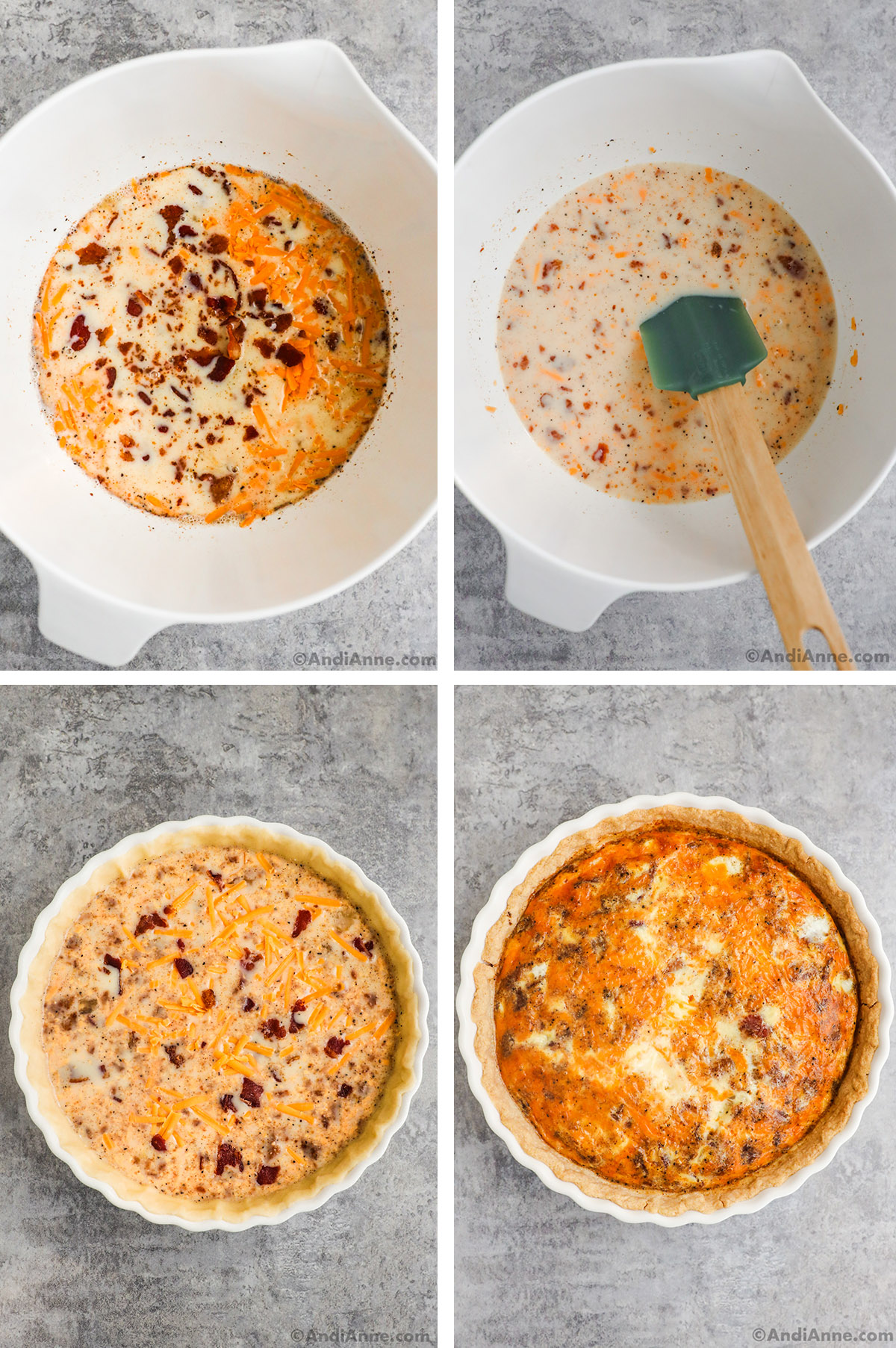 Four images grouped together. First is crumbled bacon, shredded cheese dumped into a egg mixture. Second is egg mixed together with a spatula. Third is egg mixture in a quiche pan. Fourth is cooked bacon cheese quiche.