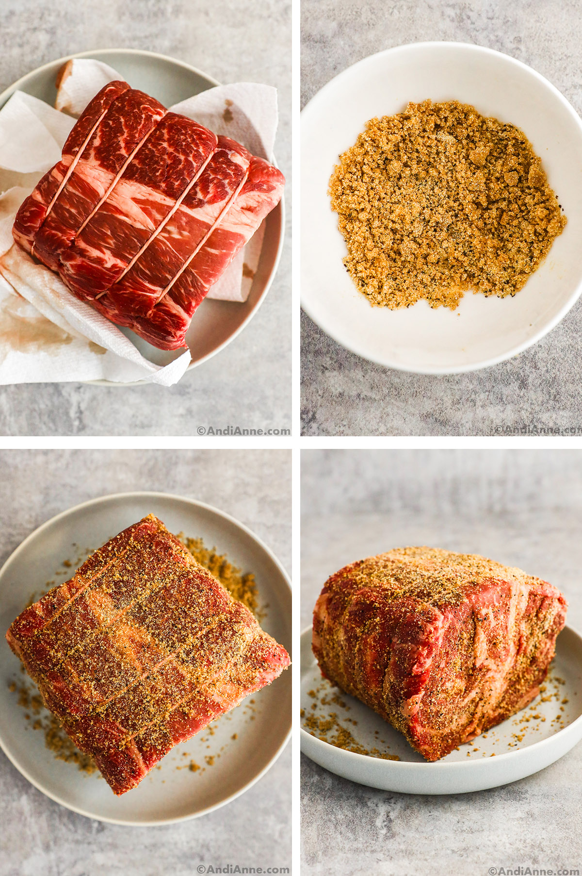 Four images together, first is raw beef chuck roast with paper towels, second is spice mix in a bowl, last two are different angles of beef roast rubbed all over with the spice mix.