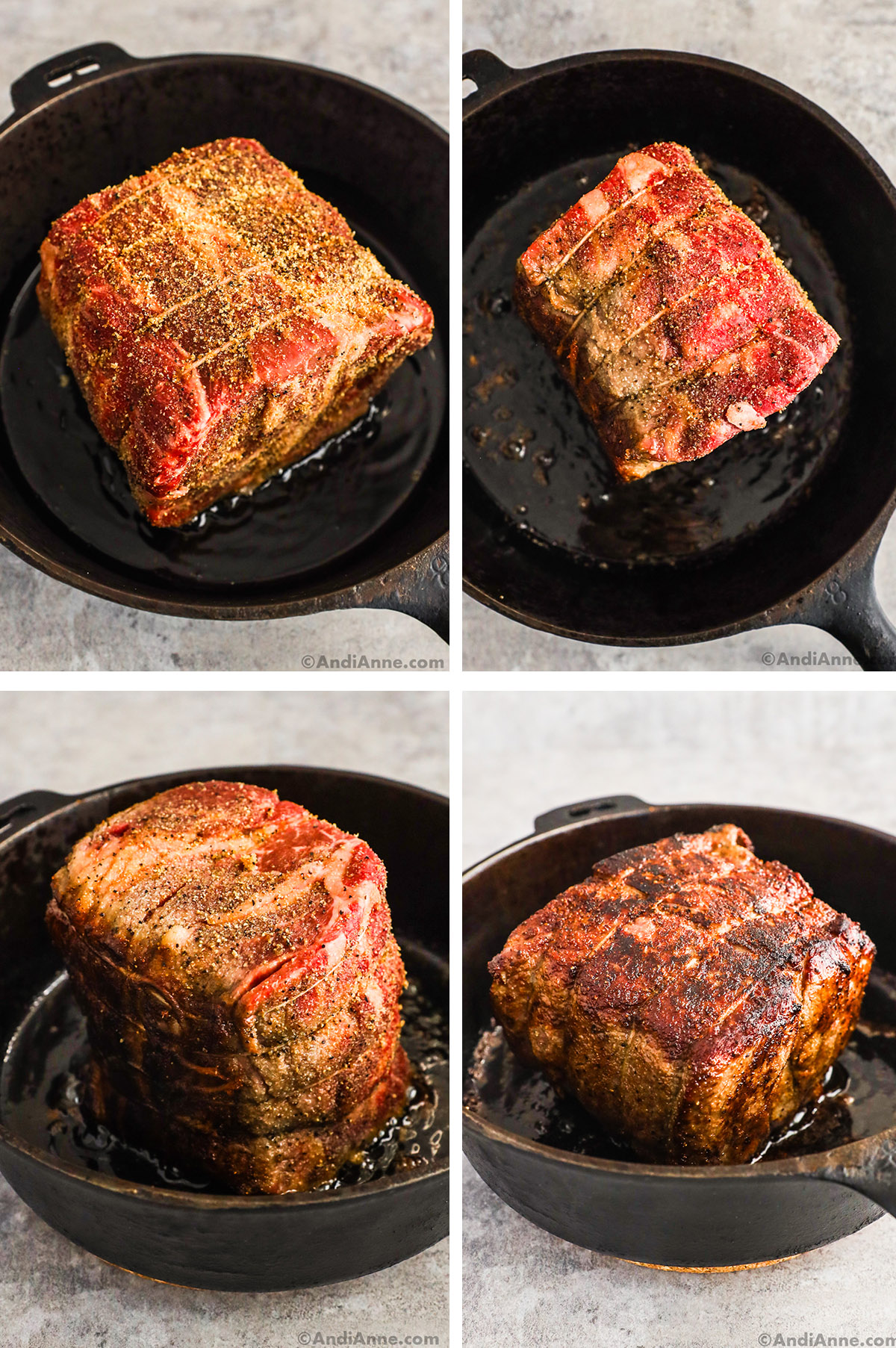 Four images grouped together of beef roast searing in a cast iron skillet on different sides of the beef.