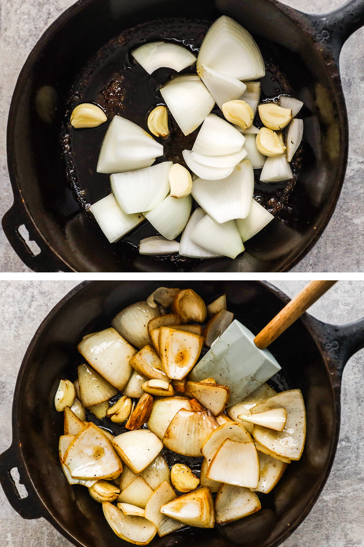 A skillet with chunks of onion and garlic inside. First uncooked then cooked and softened.