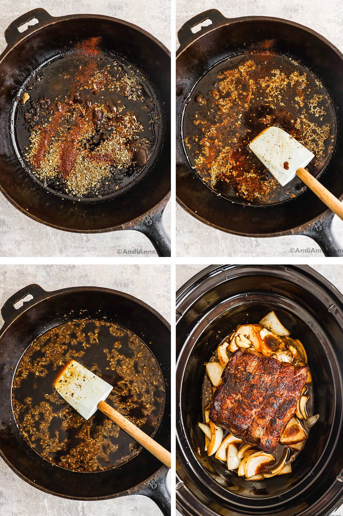 Four images of liquid in a cast iron pan with spices. The last image is slow cooker with beef roast, onion chunks and the liquid poured in.