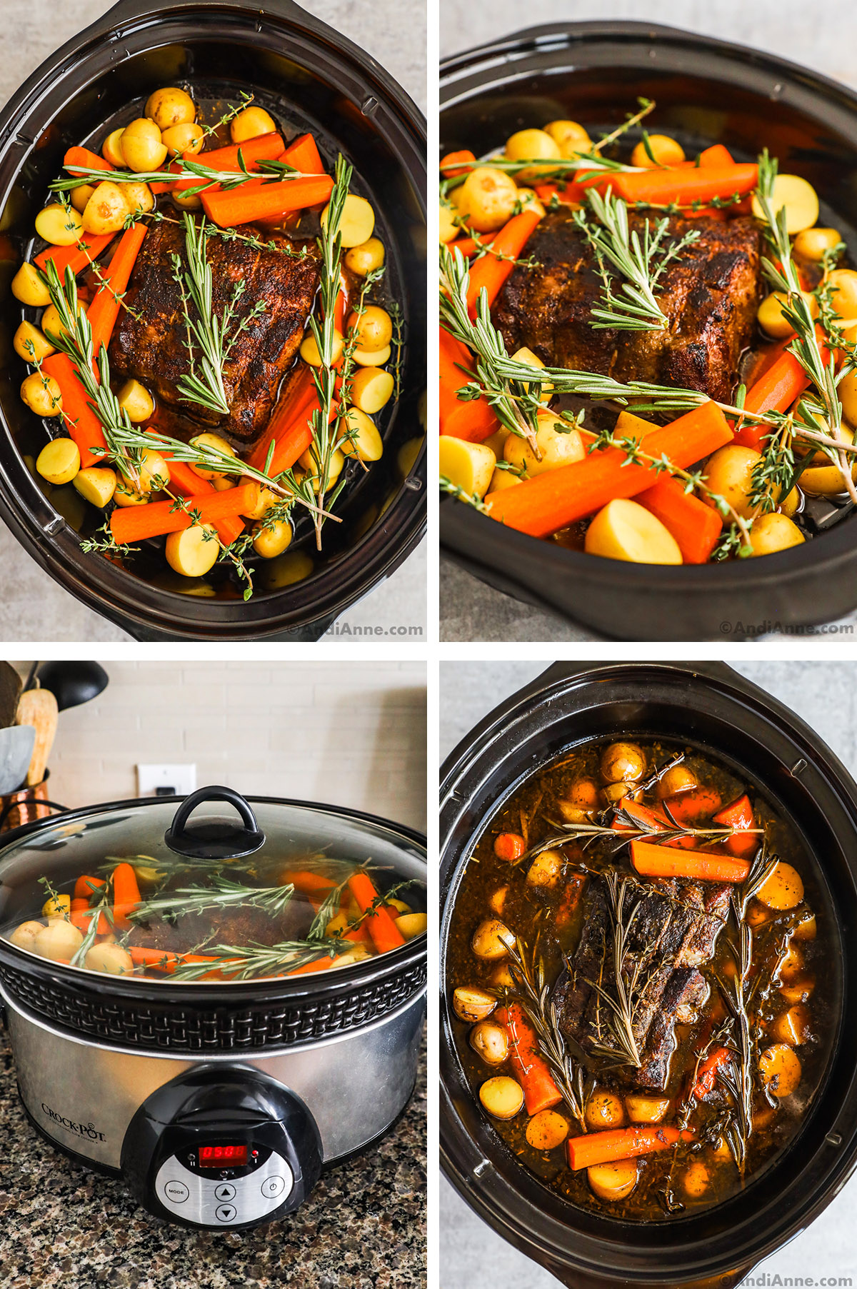 Four images together. First two are seared beef roast with raw potato and carrot chunks and sprigs of rosemary and thyme. Third image is slow cooker with lid on, last image is cooked beef roast with potatoes and carrots surrounding all in liquid.