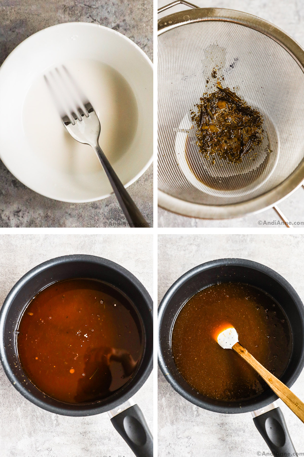 Four images, first is bowl of white liquid with. fork, second is fine mesh strainer holding herbs and solid pieces, last two images are of sauce pan with gravy first unmixed then mixed and thickened with a spatula.