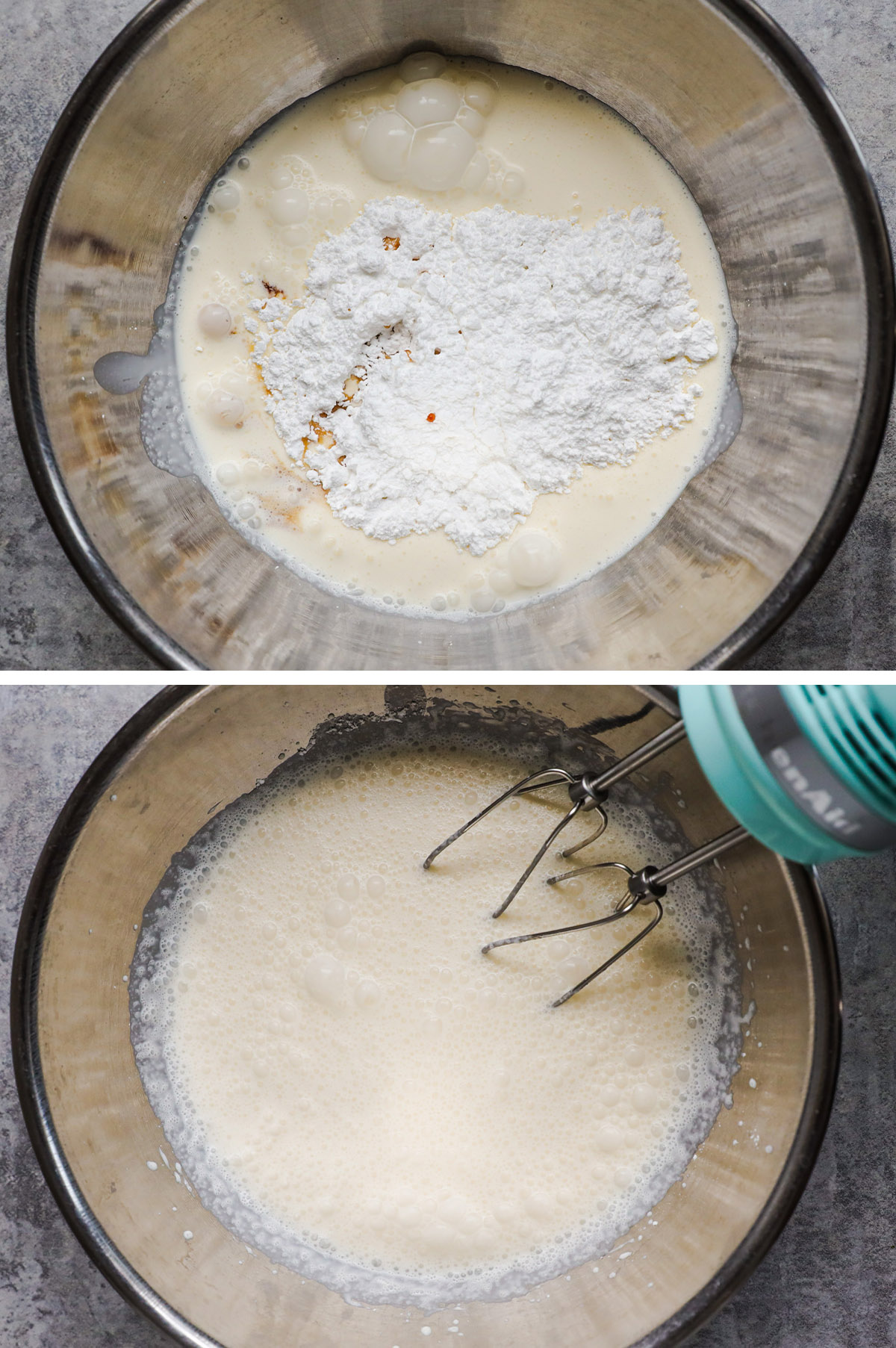 Two images of a bowl, first with heavy cream, powdered sugar and vanilla extract dumped in. Second with ingredients mixed together using hand mixer.