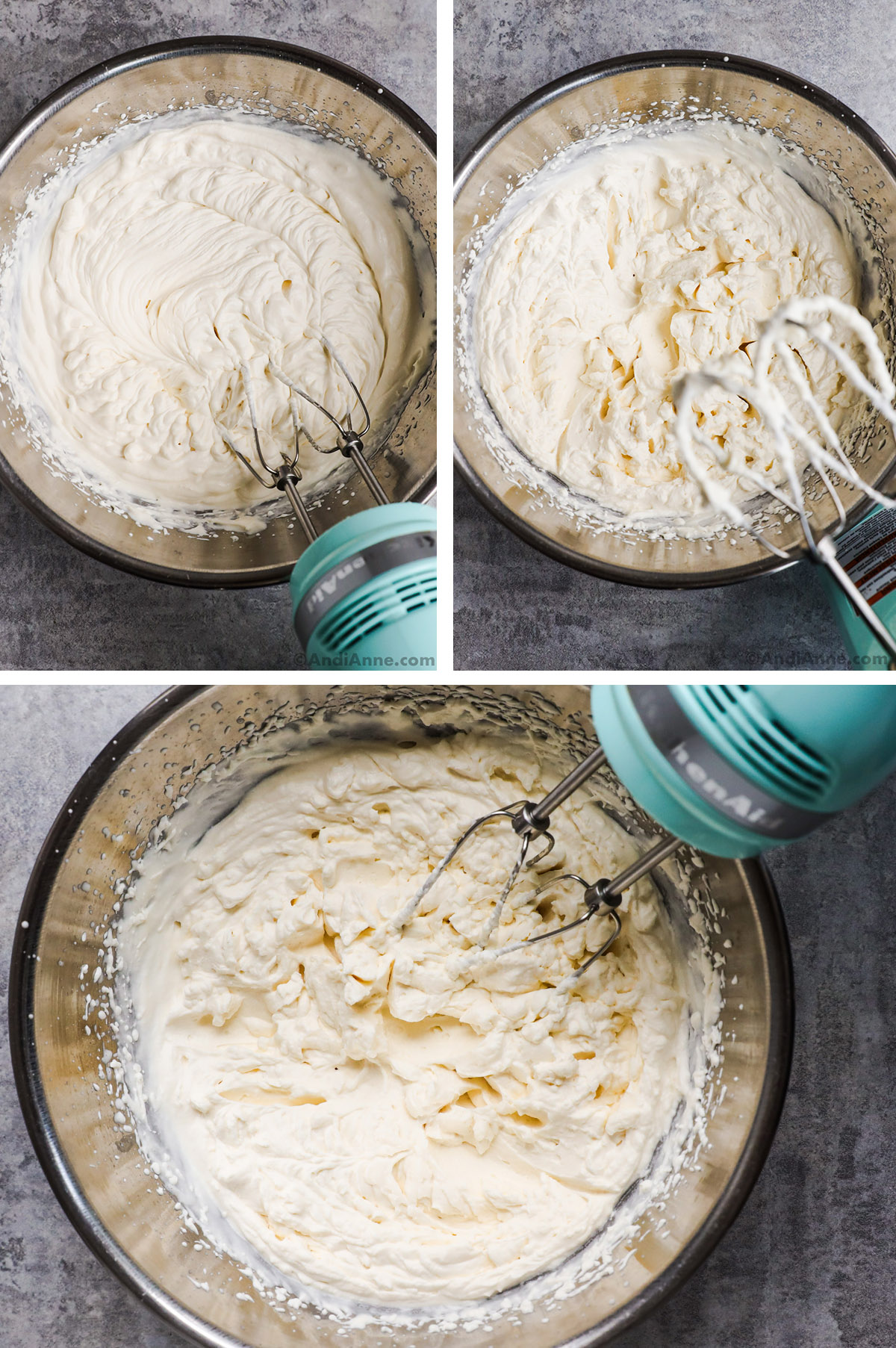 Three images of whipping cream in bowl in various stages of firmness using a hand mixer.