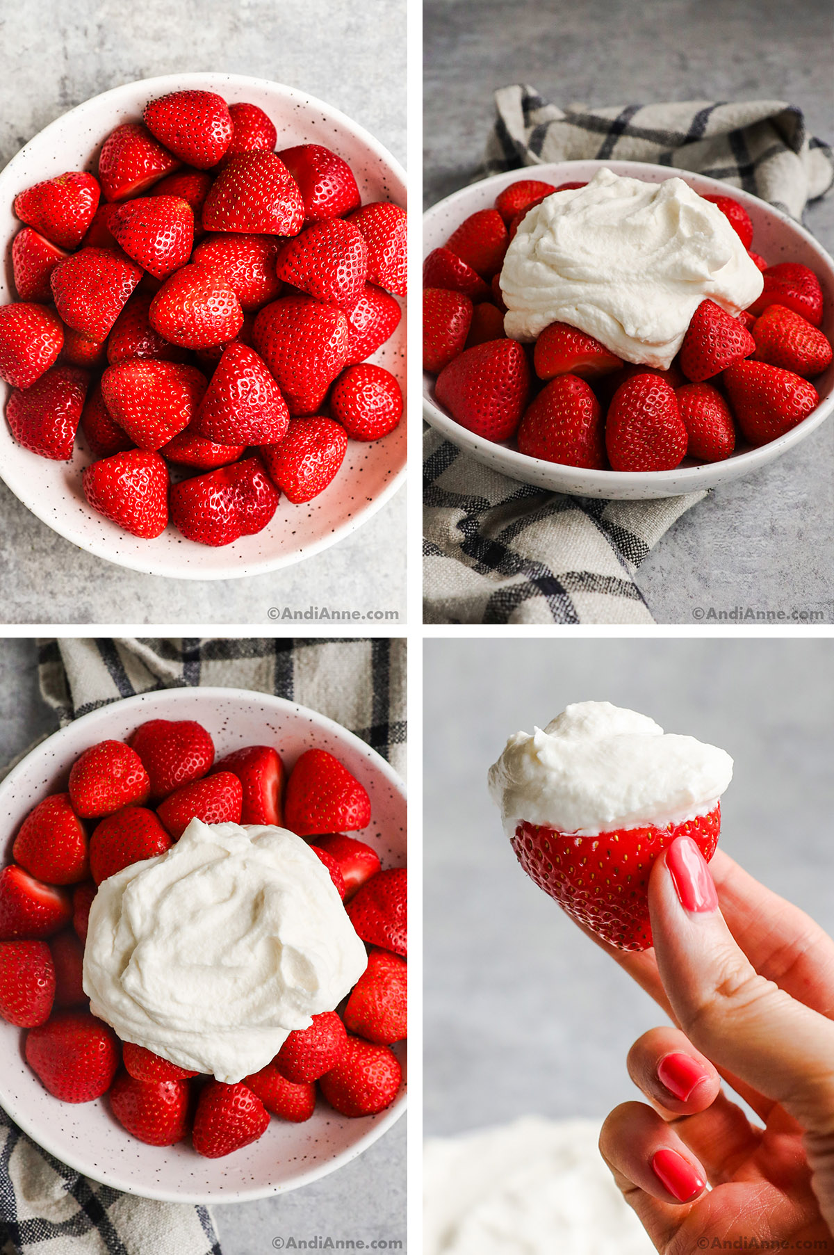 Four images, first is bowl of strawberries, Second and third are strawberries with whipped cream on top. Last image is hand holding a strawberry with whipped cream.