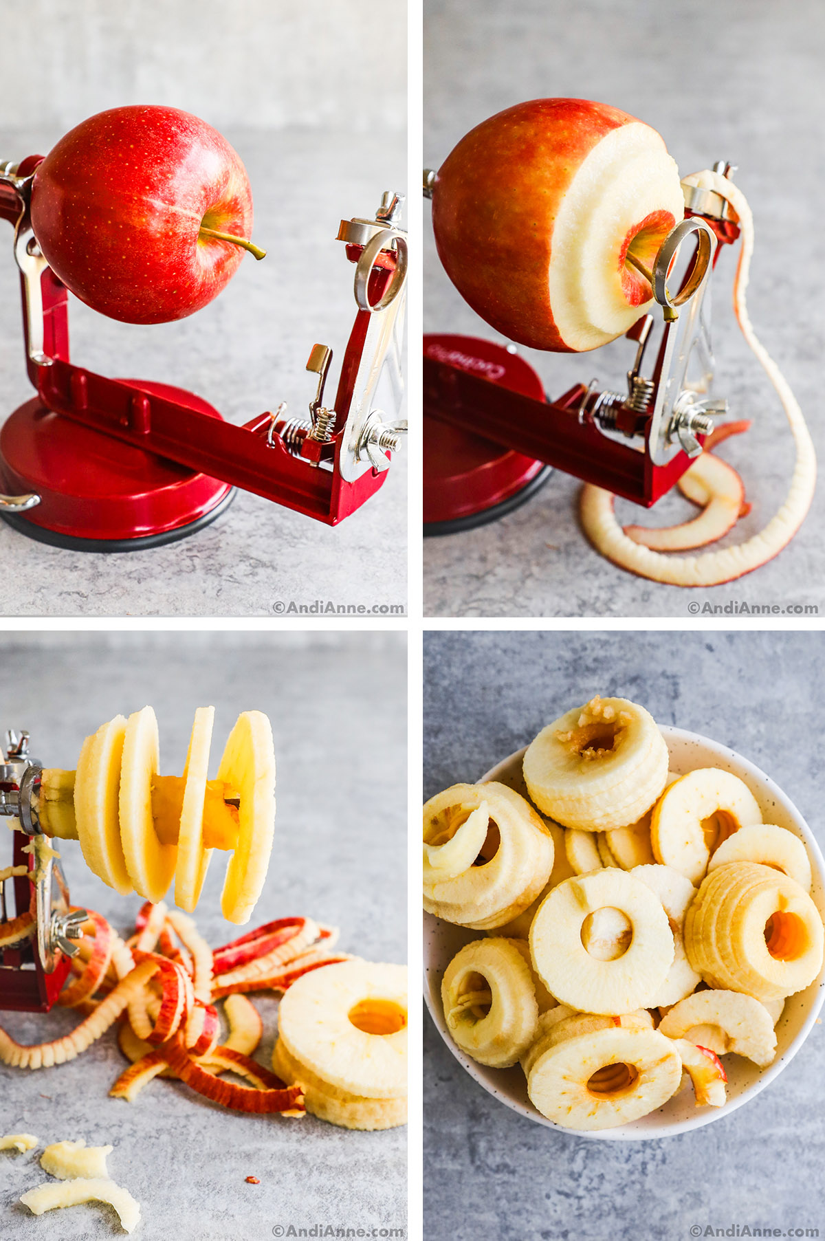 An apple being peeled by an apple peeler corer tool. Then the apples are place in a bowl.