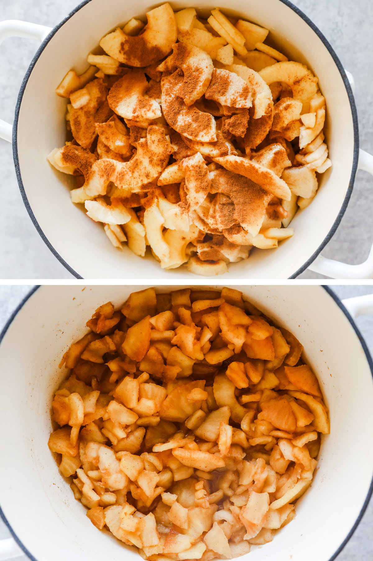 A pot with sliced raw apples and cinnamon sprinkled on top. Then the same pot with the apples cooked and softened.