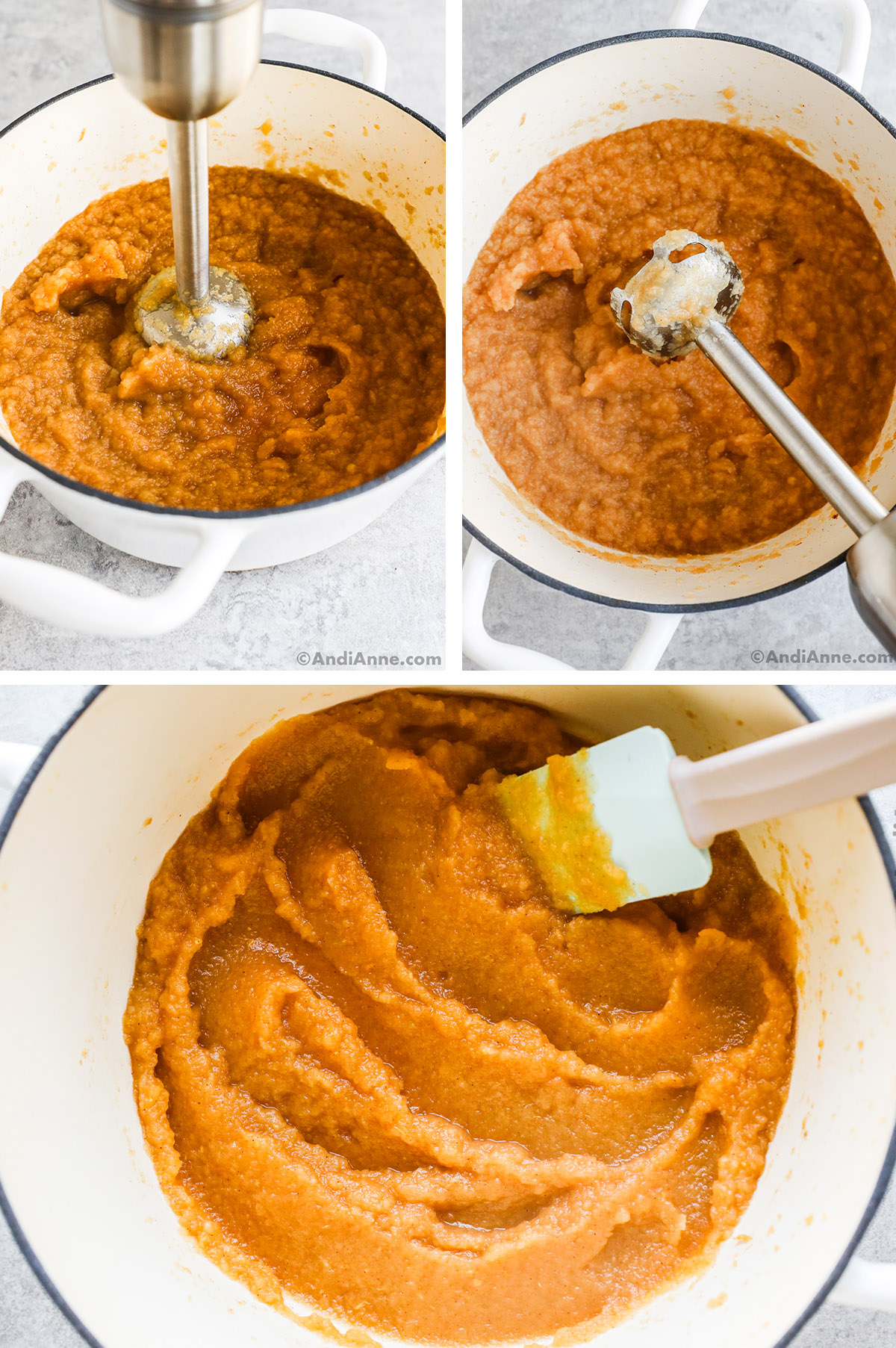 Three images of a white pot, first two are with an immersion blender blending the applesauce. Last image is a spatula and smooth applesauce in the pot.