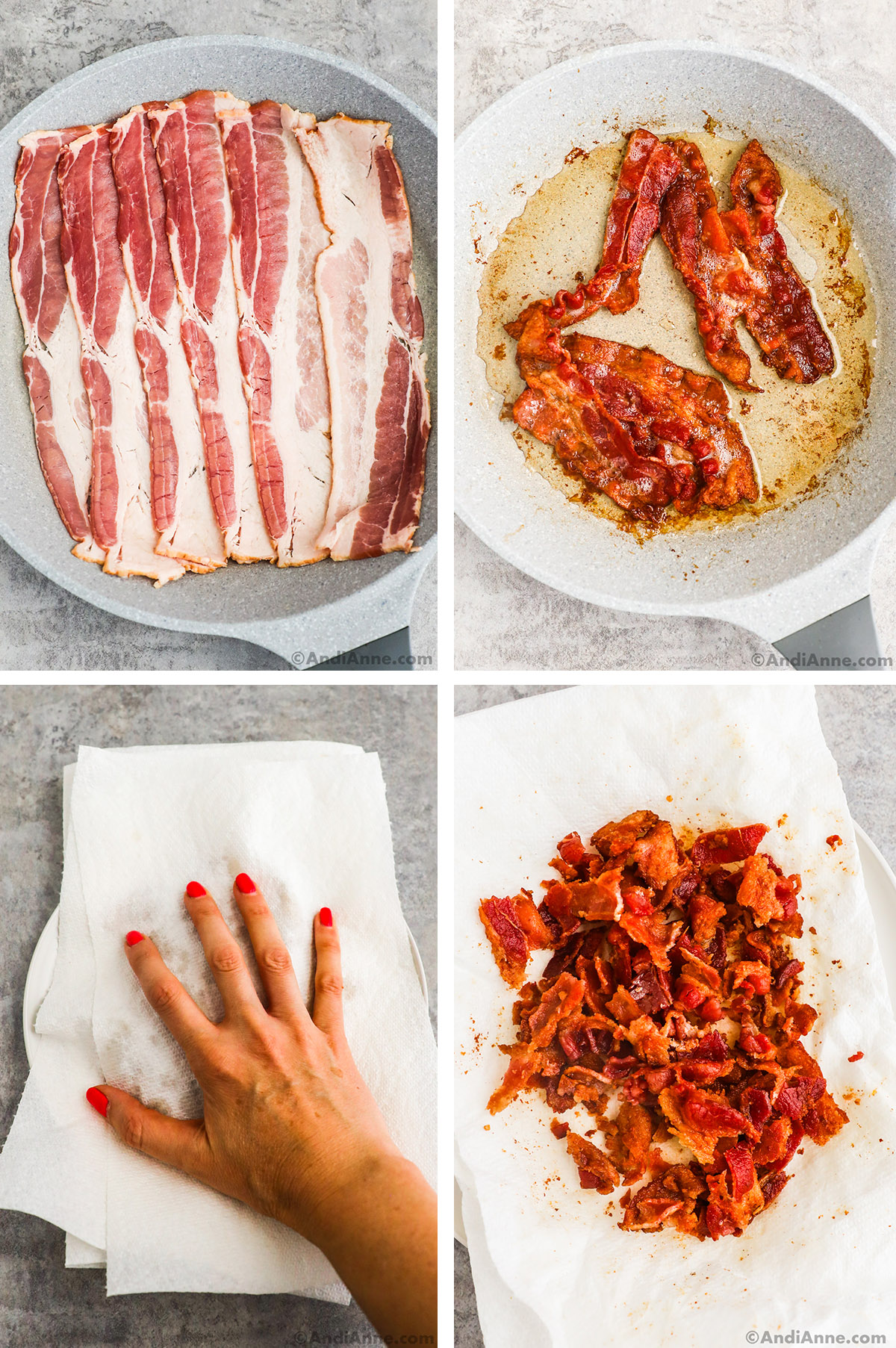 Four images grouped together. First is raw bacon slices in a frying pan, second is cooked bacon slices in grease in frying pan, third is a hand over top of paper towel, fourth is crumbled cooked bacon on paper towel.