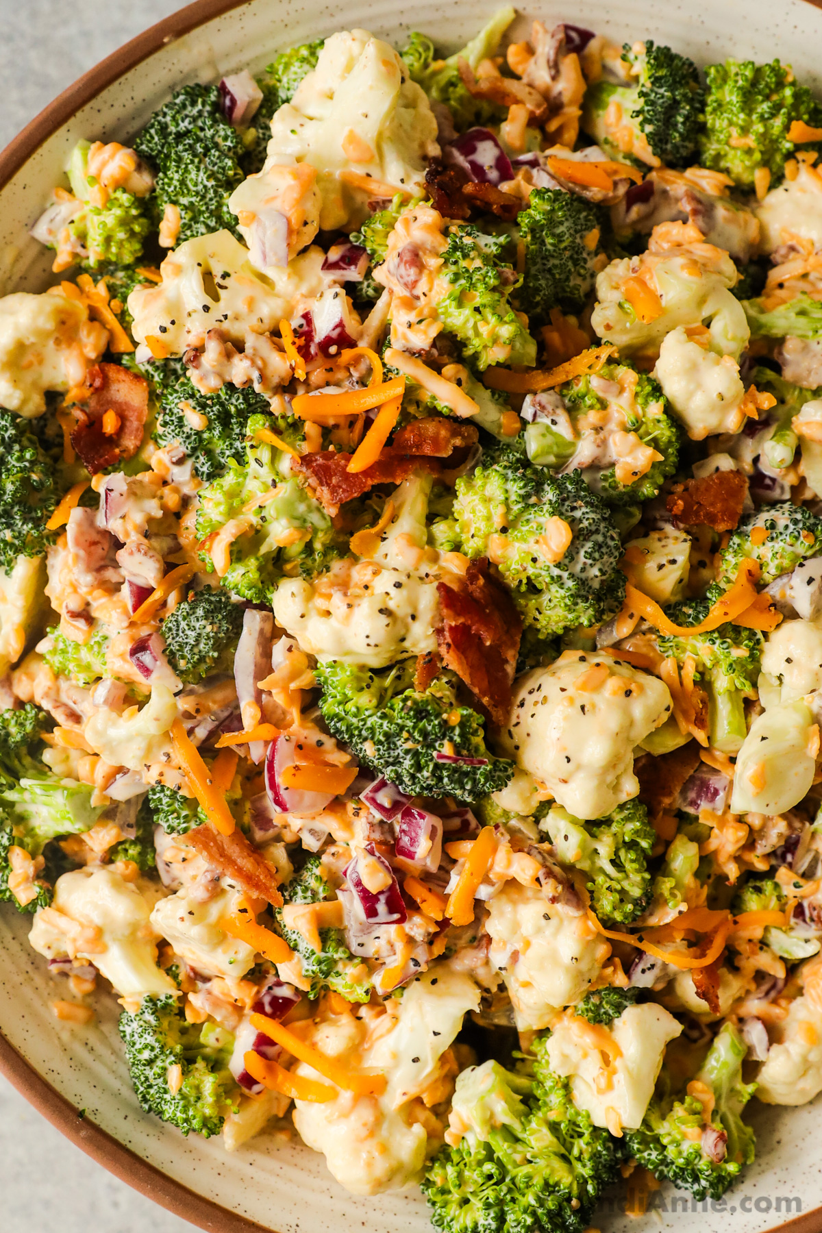 Close up of broccoli cauliflower salad with creamy dressing