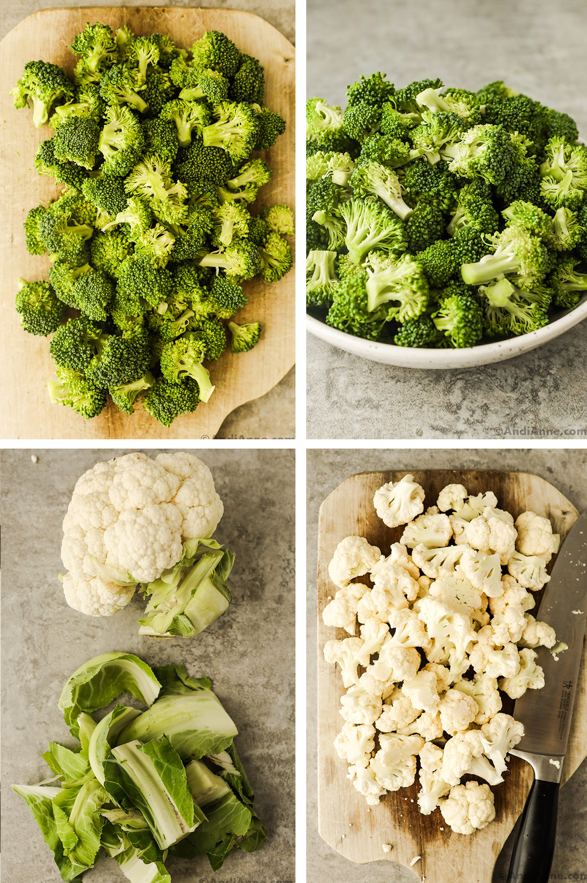 Four images grouped together. FIrst two chopped broccoli florets, second two cauliflower head and cauliflower florets