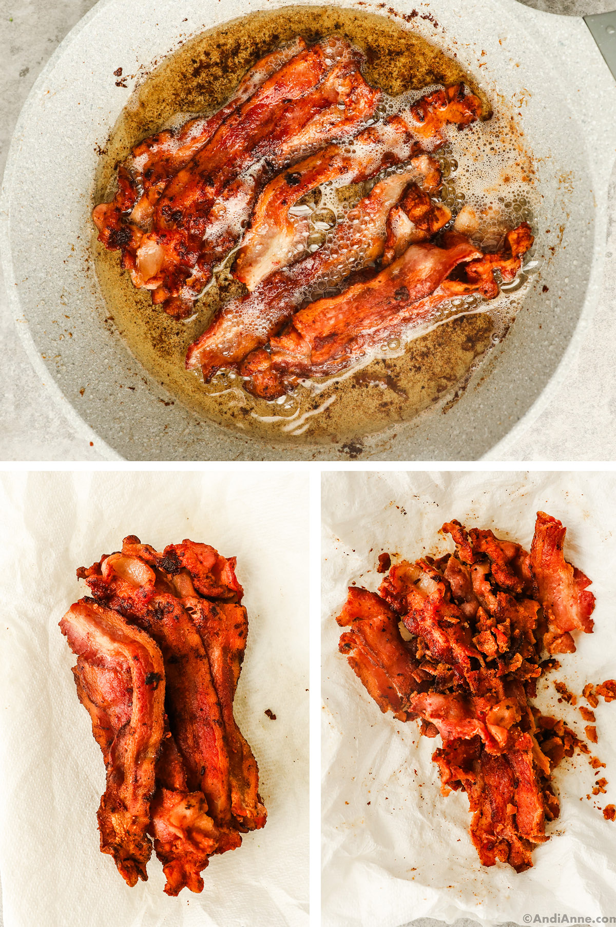 Three images grouped together, first is crispy bacon in frying pan, last two are cooked bacon strips, then same strips crumbled.