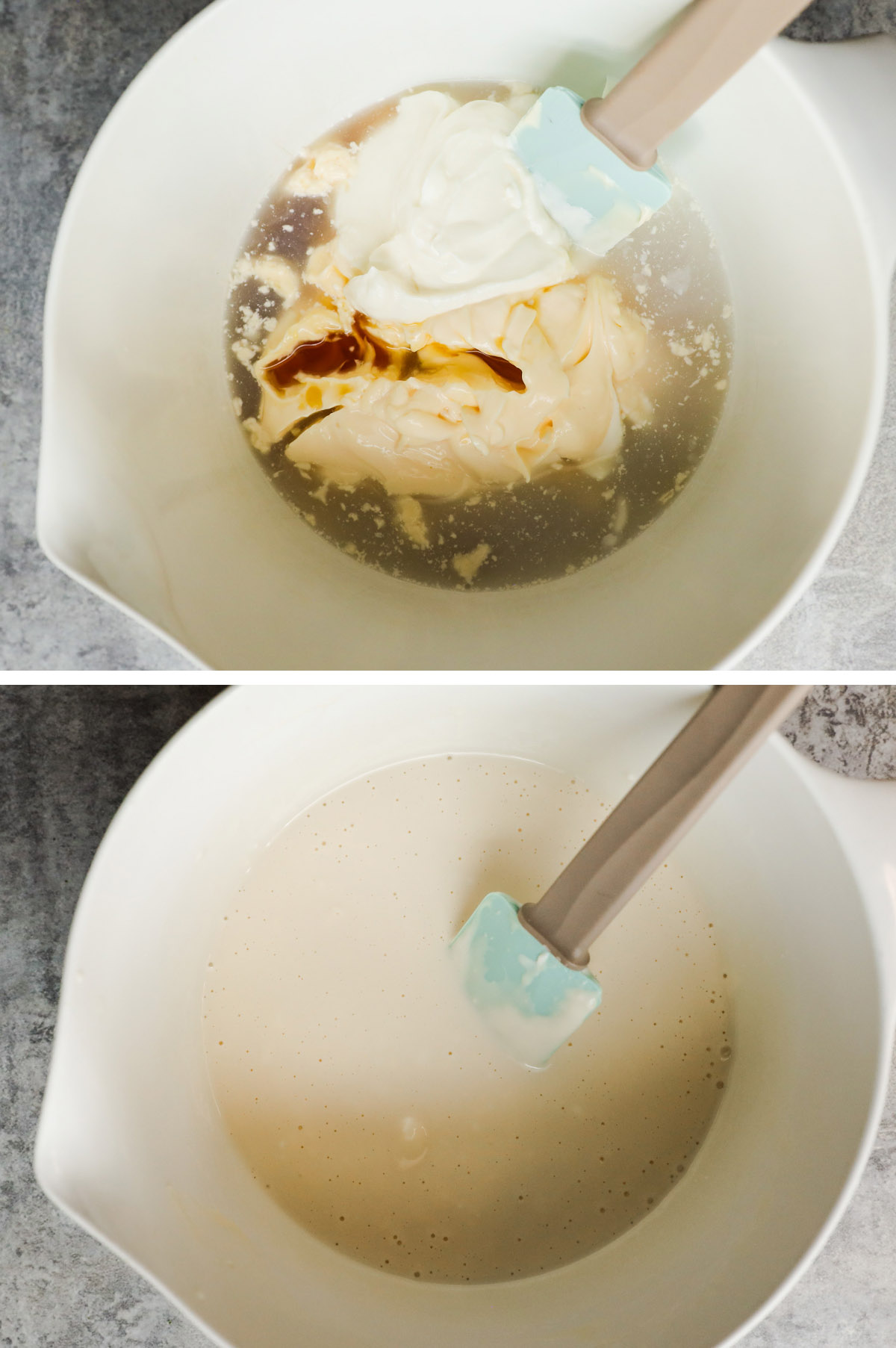 Two images of creamy ingredients dumped into a bowl first unmixed then mixed