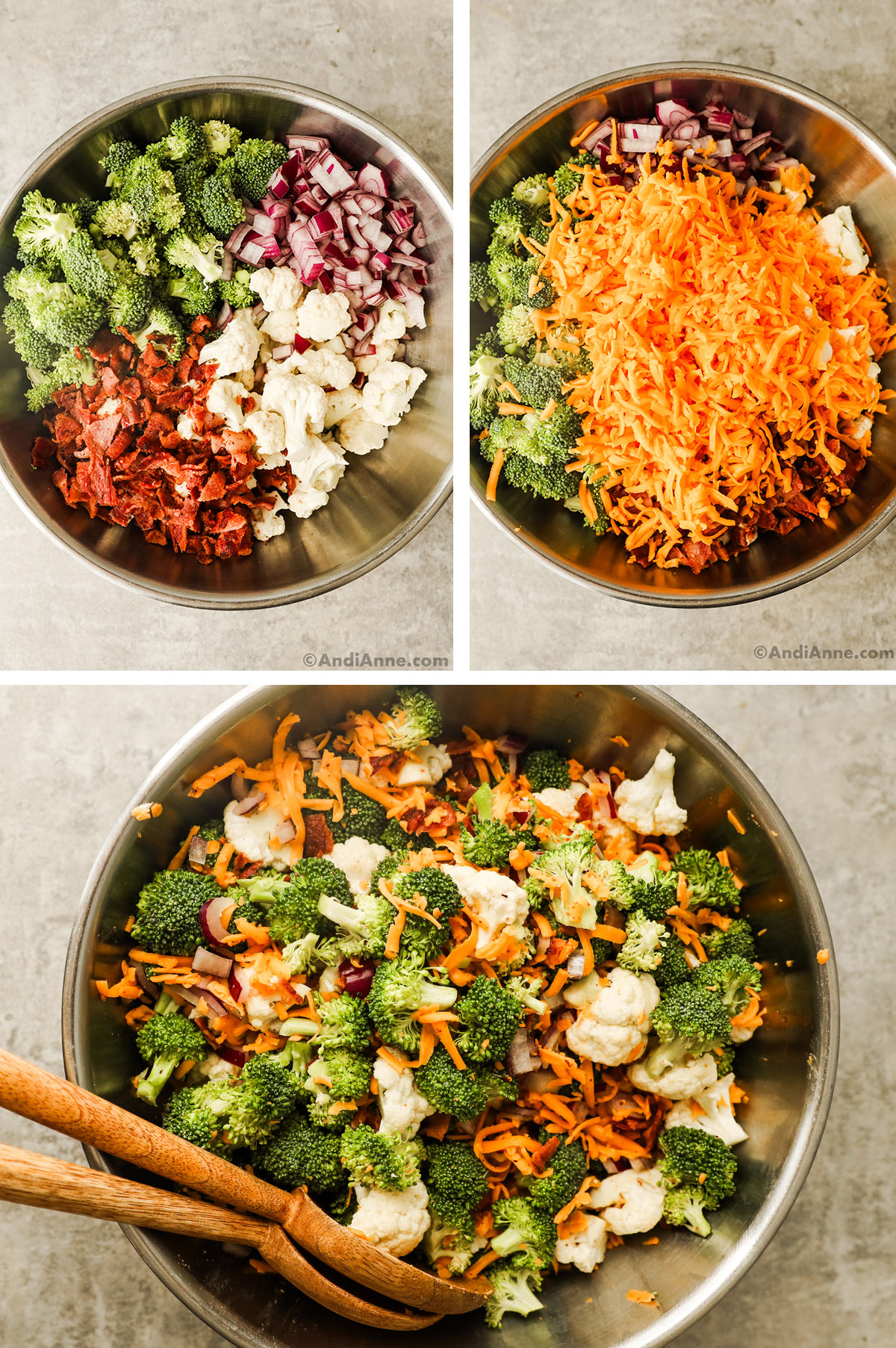 Three images of a salad bowl. First is broccoli, caulflower florets, chopped red onion, and crumbled bacon. Second has shredded cheese dumped over. Third is all ingredients mixed together with two salad spoons.