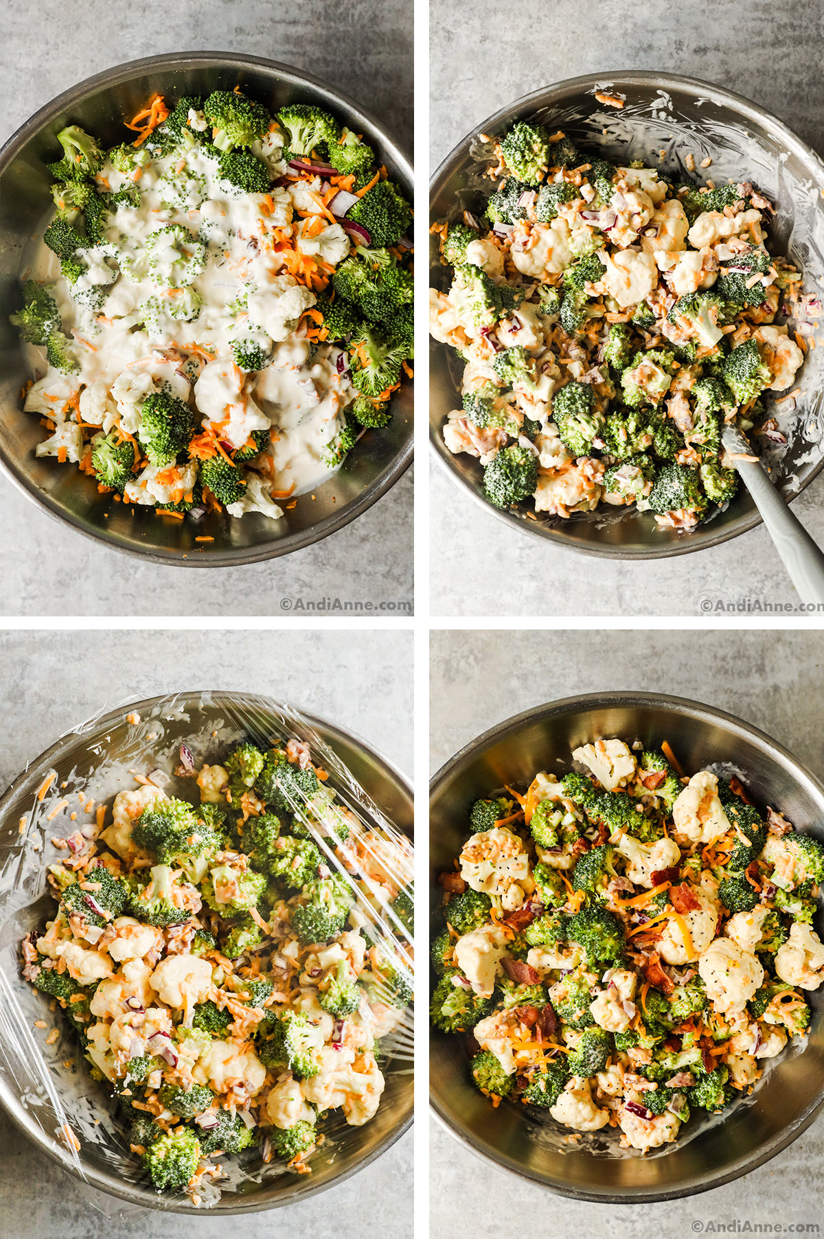 Four images grouped together. First is creamy dressing dumped over broccoli cauliflower mixture. Second is ingredients mixed together. Third has plastic wrap on top. Fourth is final broccoli cauliflower salad.