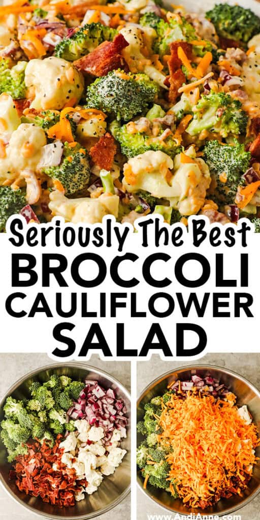 Three images of a broccoli cauliflower salad in various stages of creating it