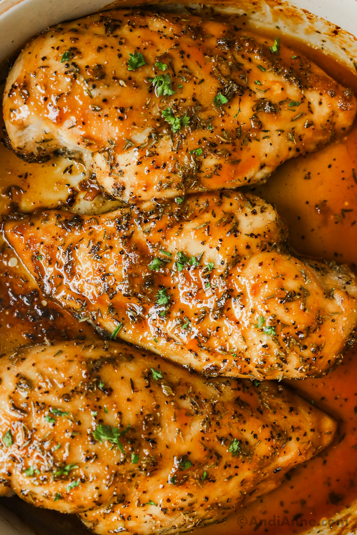 Close up of cooked chicken breasts in a brown liquid with spices.