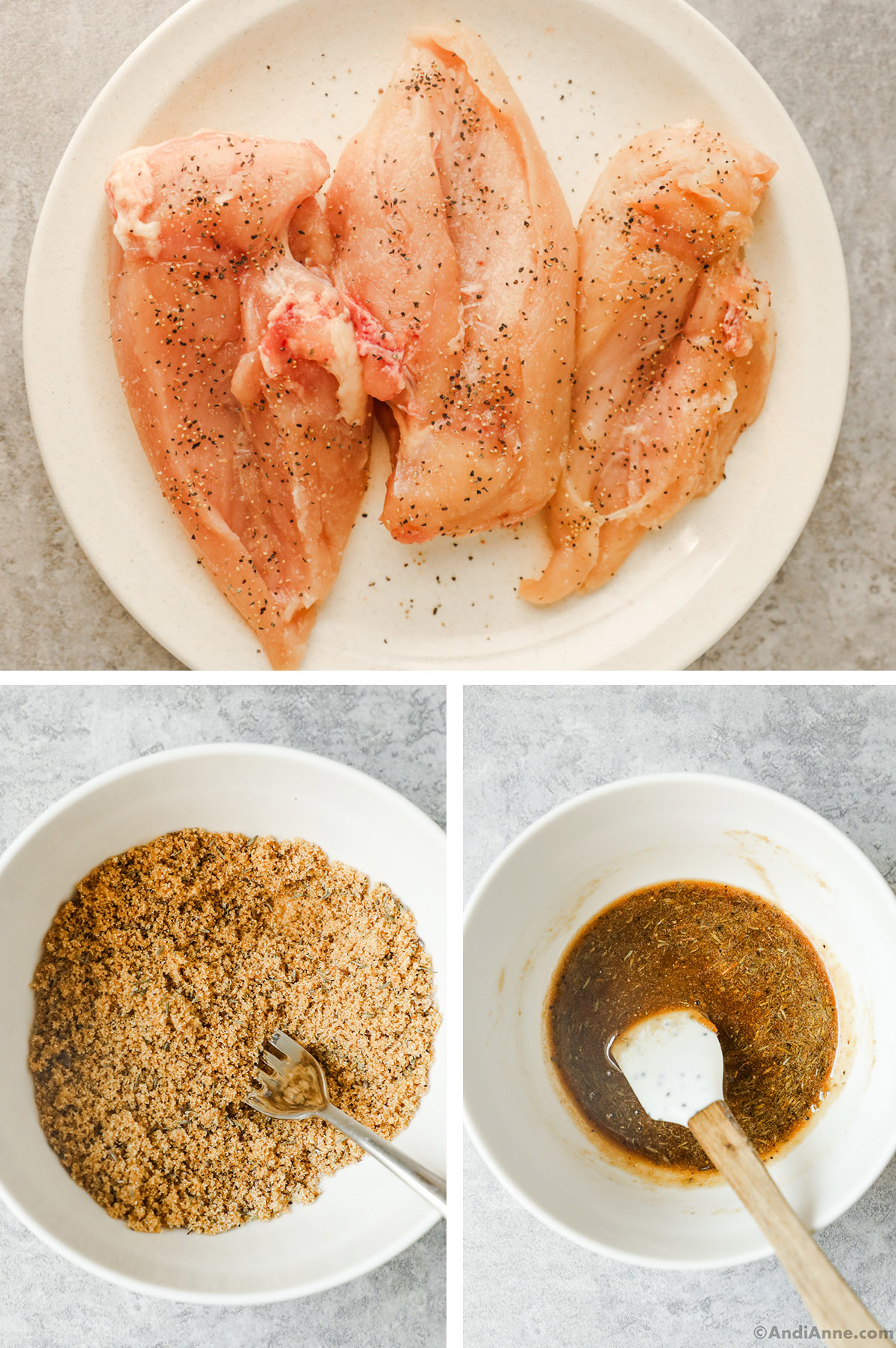 A plate with seasoned raw chicken breasts, and a before after of a bowl of brown sugar with spices, then turned into brown liquid.